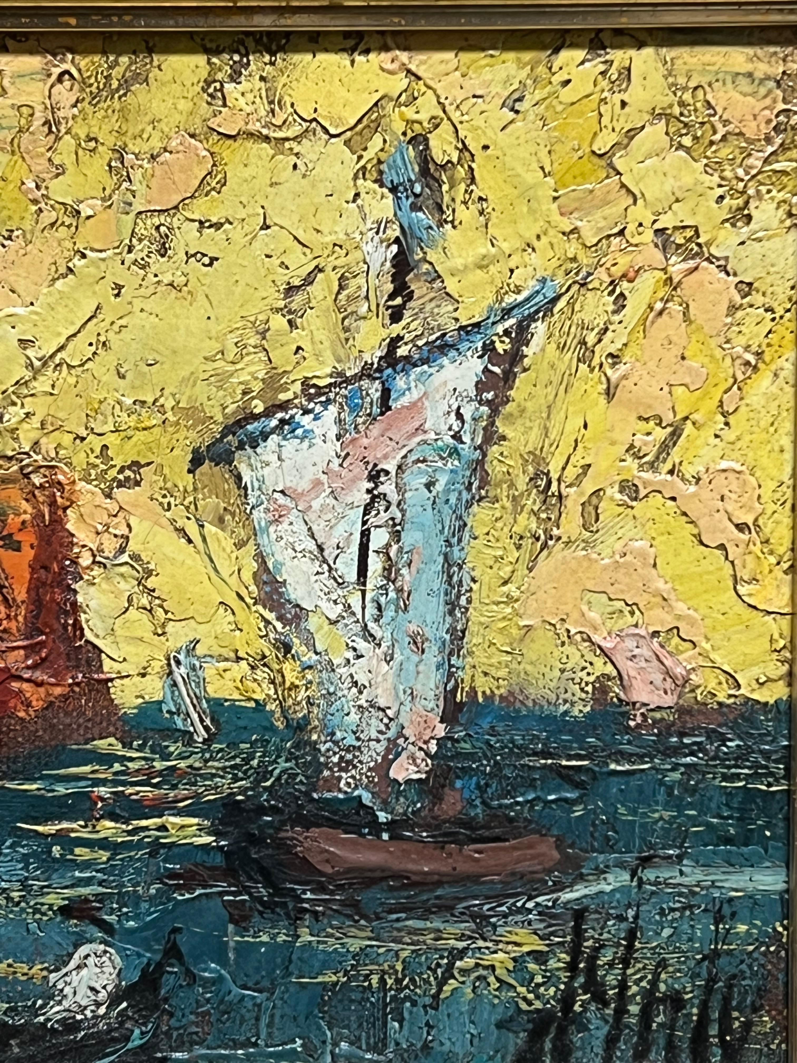 Vibrante paesaggio marino modernista della metà del XX secolo con barche a vela ed edifici costieri - Abstract Painting Marrone di Henry D'Anty