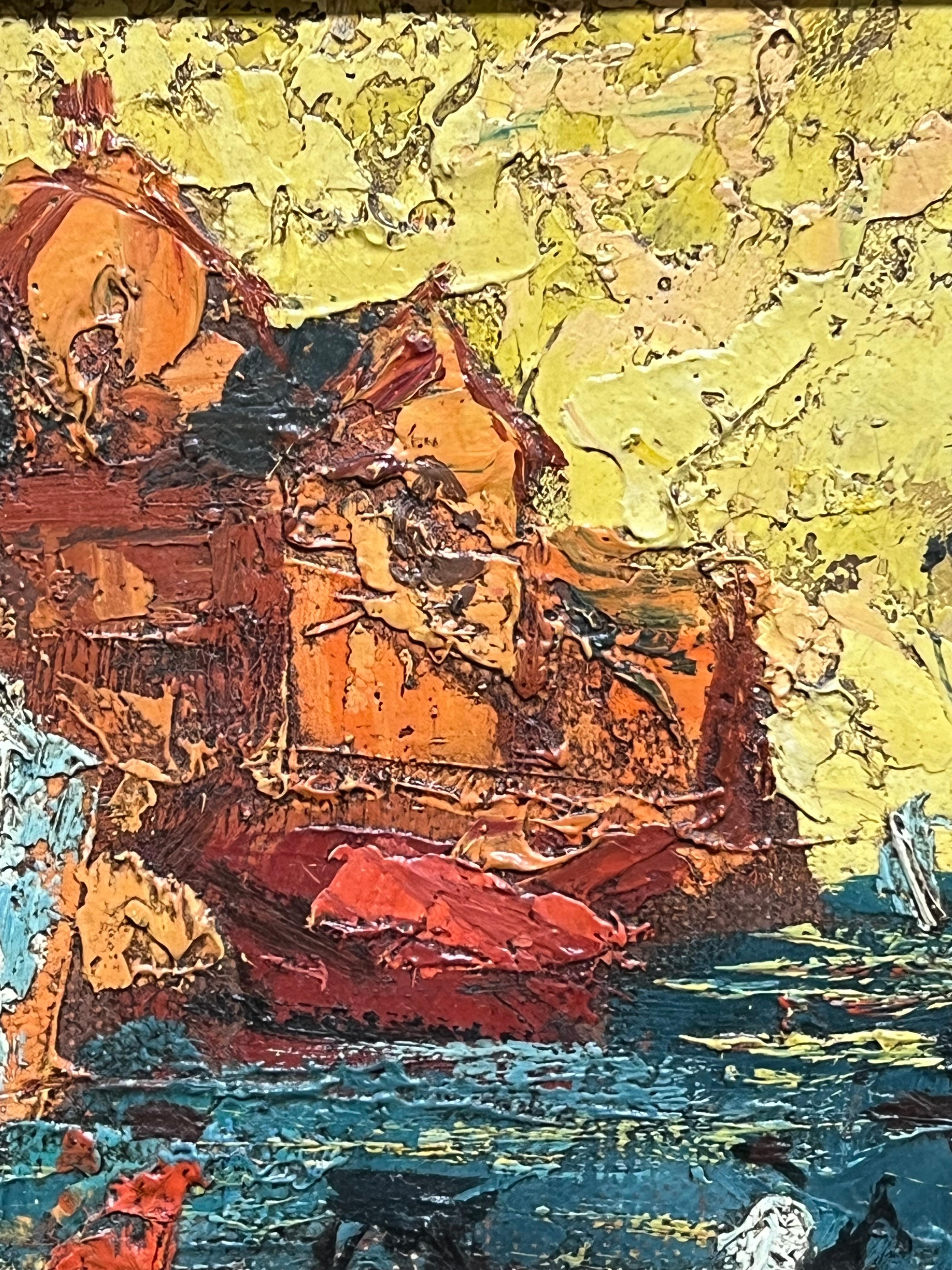 Paesaggio marino modernista
di Henri d'Anty (Francia 1910-1998)
olio su tela firmato, incorniciato
Con cornice: 10 x 12 pollici
Tela: 5,5 x 7 pollici
Provenienza: collezione privata, Francia
Condit: la cornice ha qualche graffio ma il dipinto è in