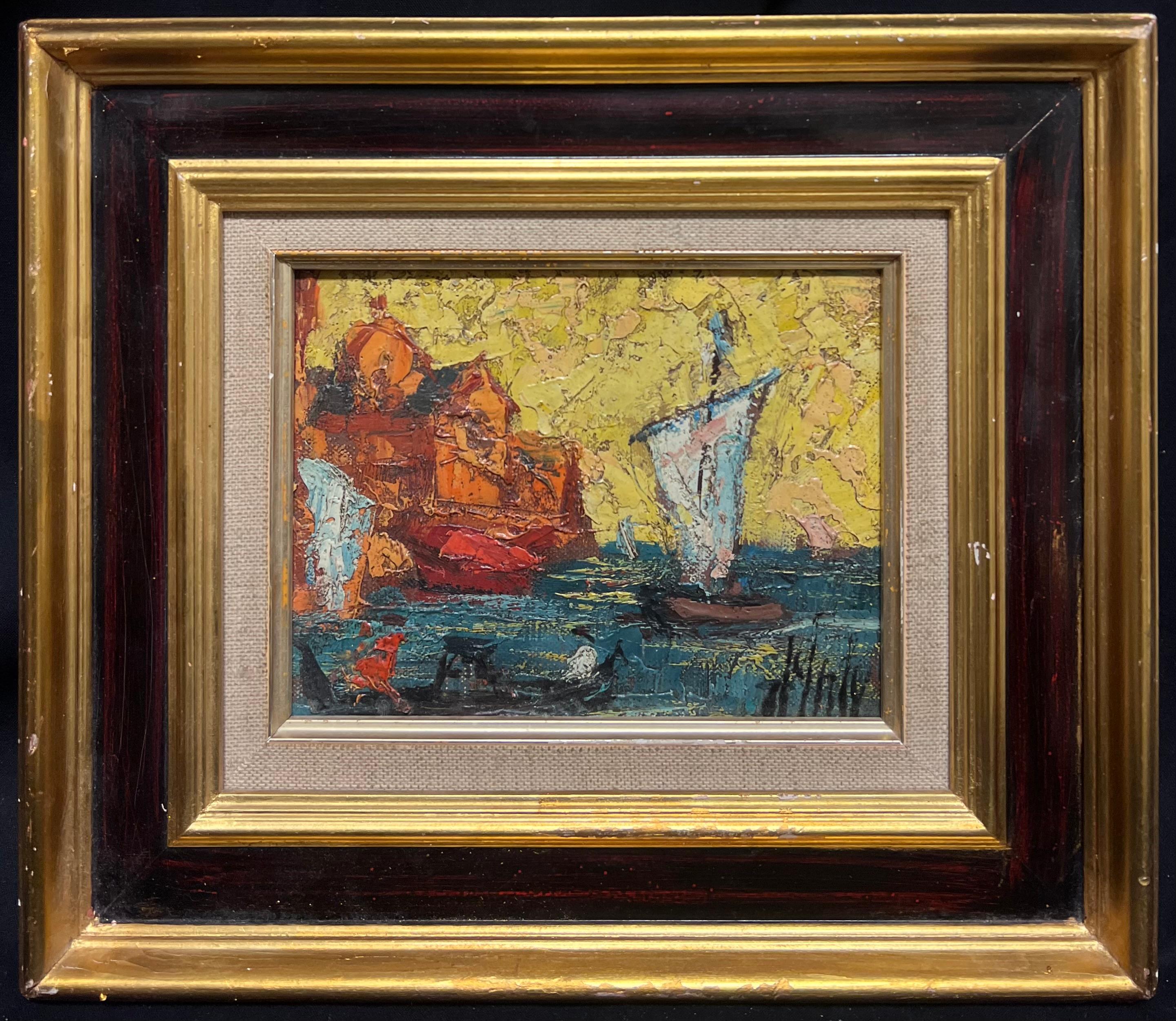 Abstract Painting di Henry D'Anty - Vibrante paesaggio marino modernista della metà del XX secolo con barche a vela ed edifici costieri