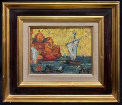 Vibrant Mid-20th Century Modernist Med Seascape Sailboats & Coastal Buildings