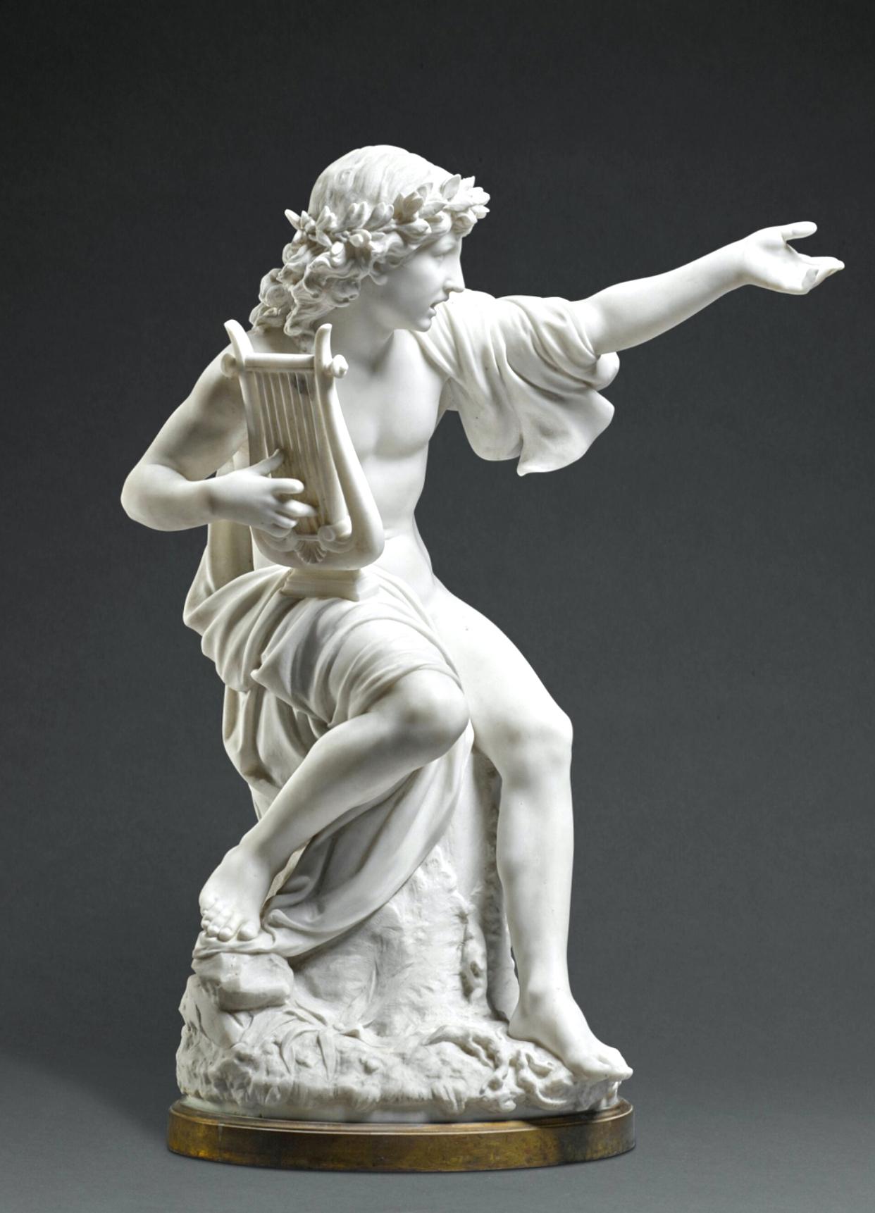 Unique Carrara white marble finely carved sculpture of Orpheus , Mythological personification of the eternal love and art.
Henry Dasson French
1825 - 1896 Orpheus 
white marble, on a gilt bronze base 75.5cm., 29 3/4 in. overall 
The renowned