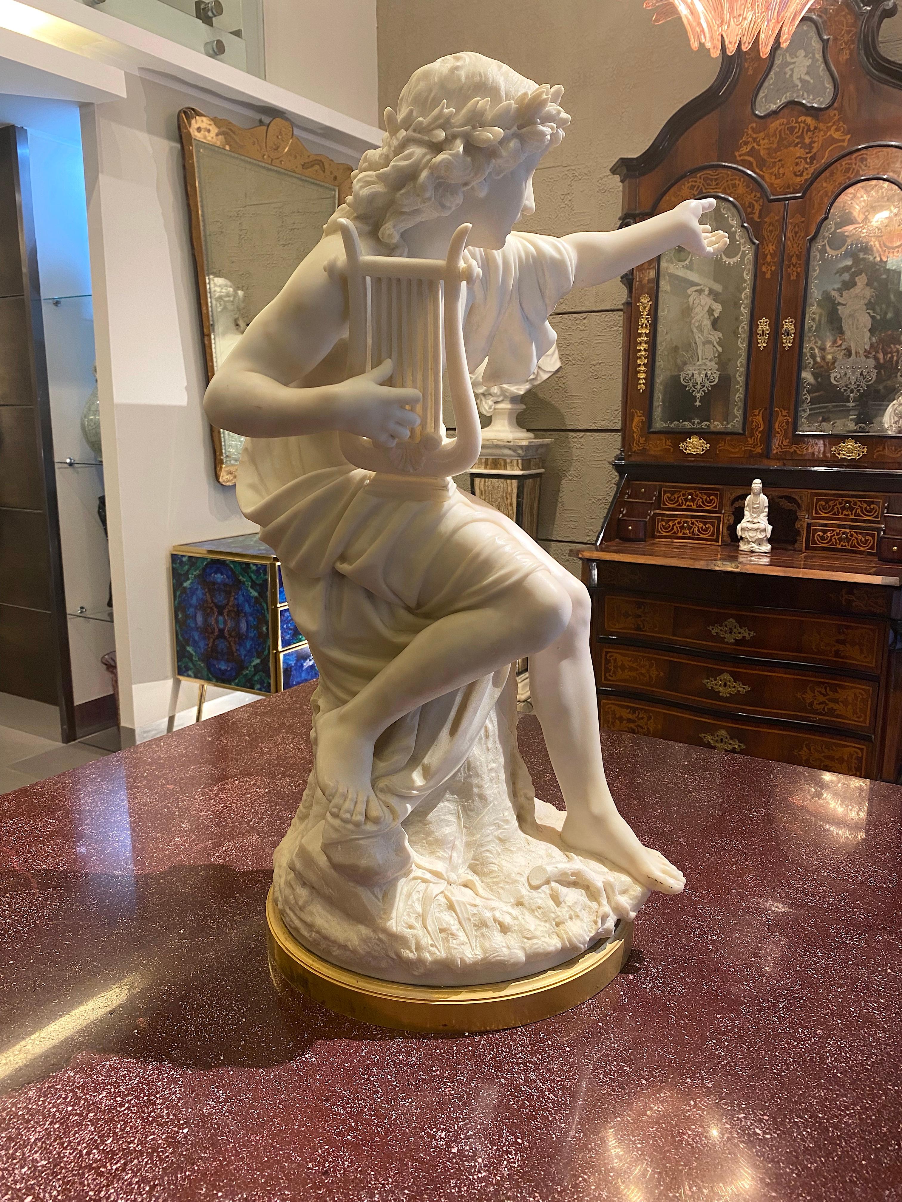 Unique Carrara white marble finely carved sculpture of Orpheus , Mythological personification of the eternal love and art.
Henry Dasson French
1825 - 1896 Orpheus 
white marble, on a gilt bronze base 75.5cm., 29 3/4 in. overall 
The renowned