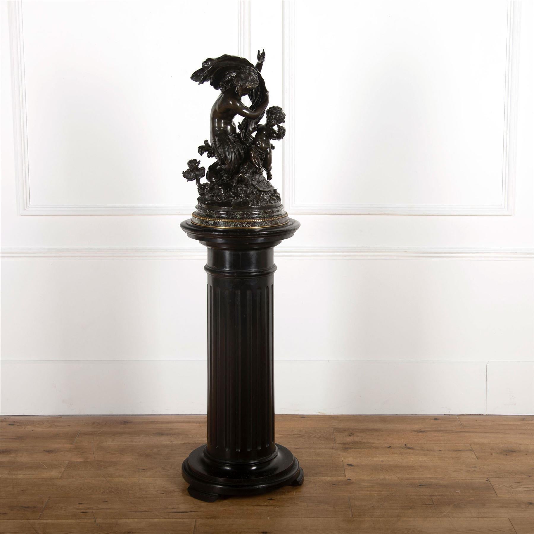 19th century Baroque style bronze group, depicting two putti amongst nature.

The appearance of putti in sculpture symbolized fertility and abundance. 

The group is on a marble base, supported by a significant column. Excellent condition and a