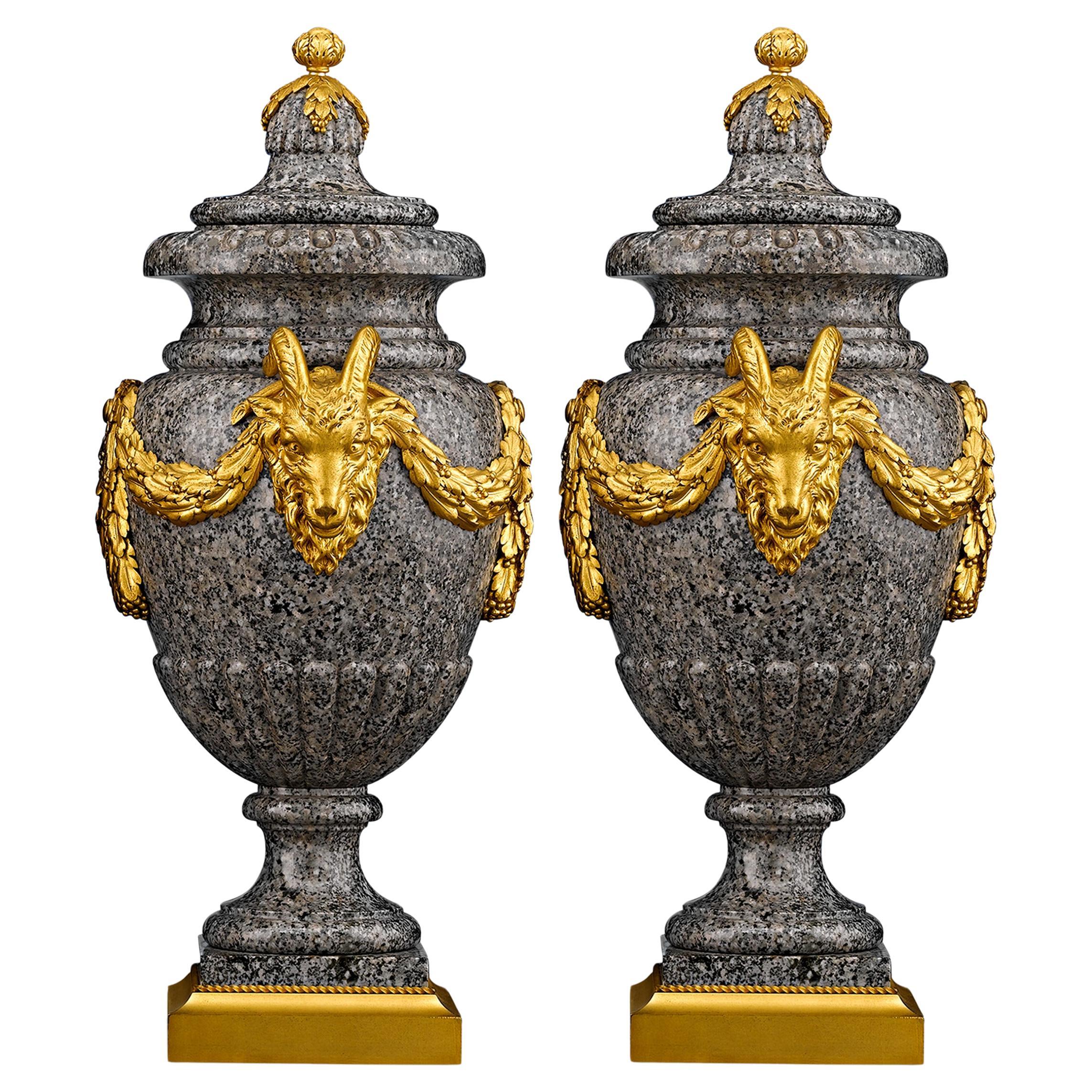 Henry Dasson Egyptian Granite And Bronze Urns