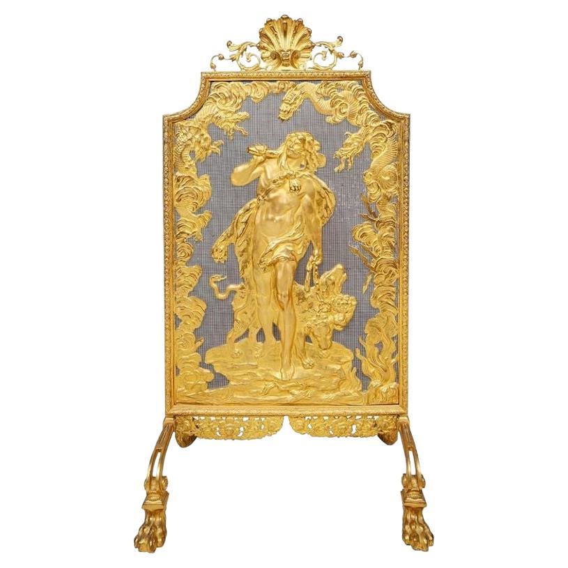 Henry Dasson Gilded Ormolu Fire Screen, depicting Heracles and Cerberus, Circa 1 For Sale