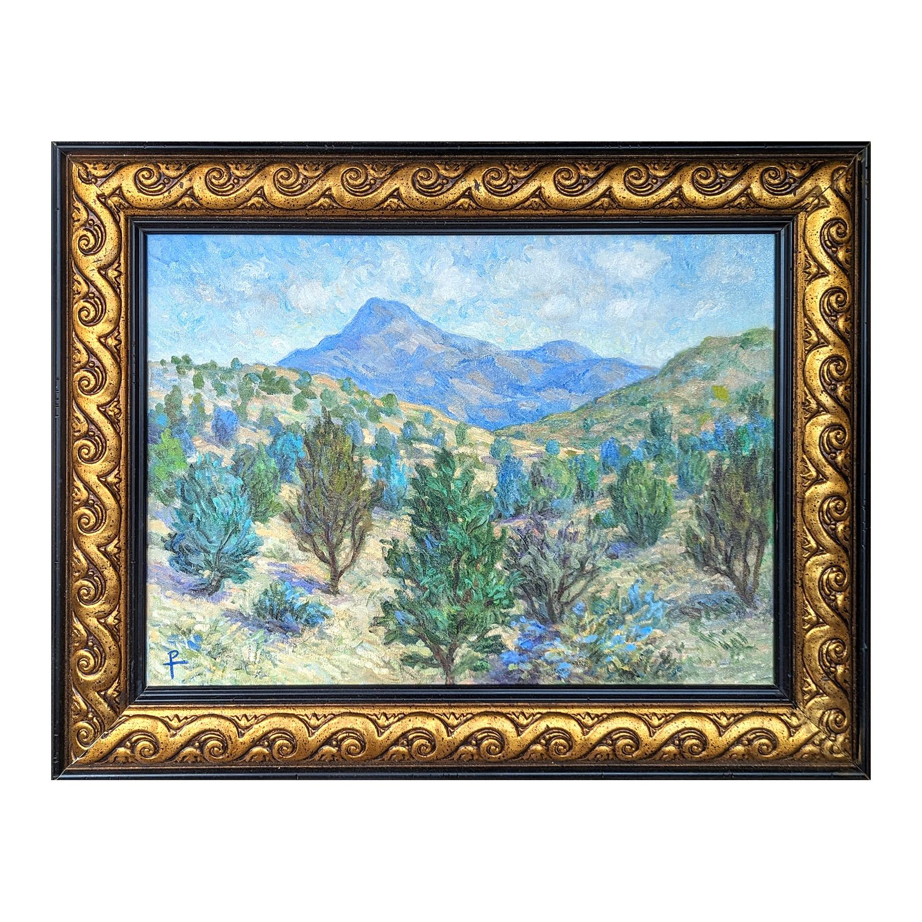 Colorful, pastel-toned painting by contemporary artist Henry David Potwin. This work features a grove of low lying trees set against a blue toned rolling mountain range. Signed in the front lower left corner. Titled and dated on reverse. Currently