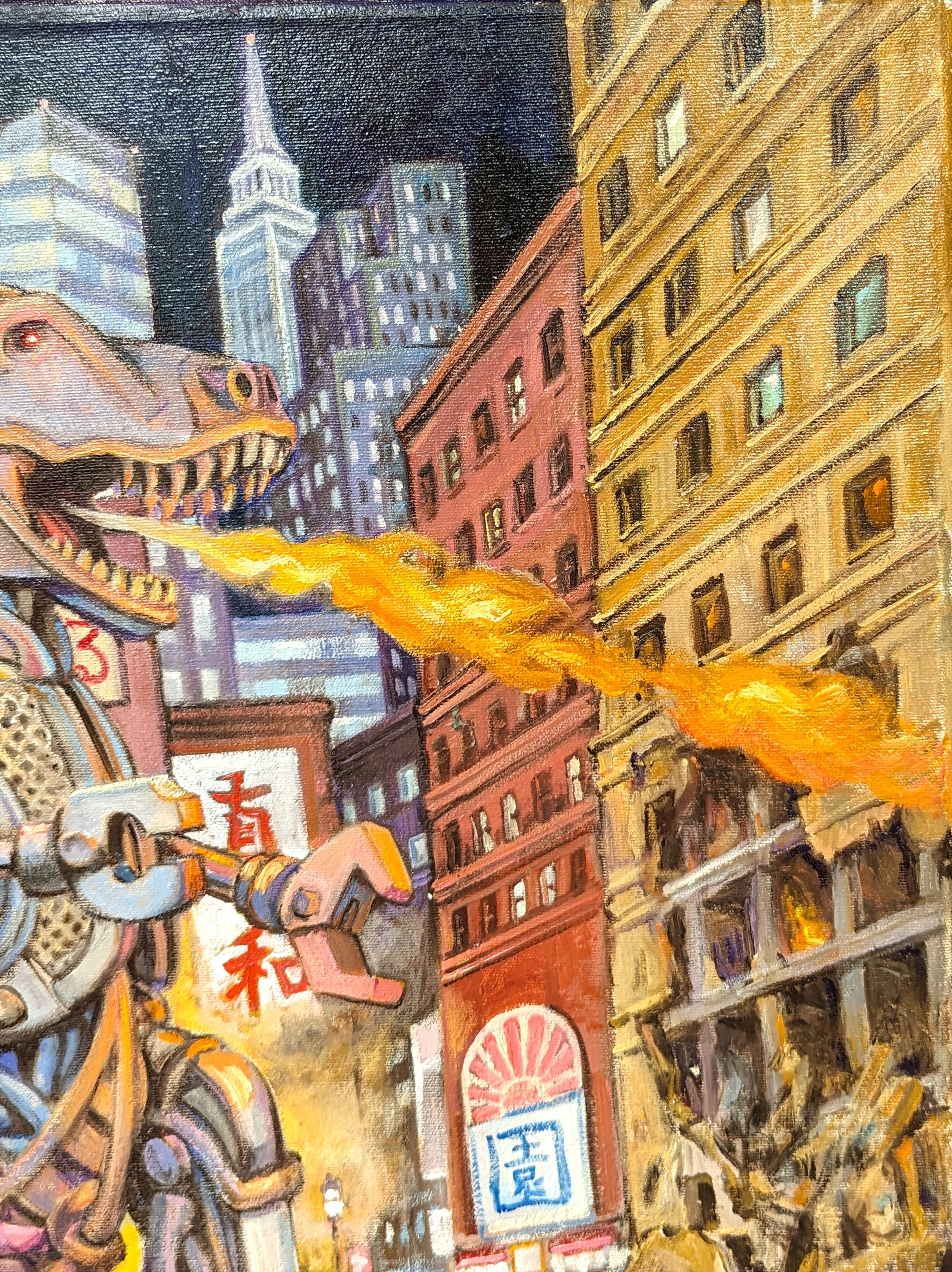 Farbenfrohes Gemälde des zeitgenössischen Künstlers Henry David Potwin. Das Werk zeigt eine metallene, feuerspeiende Godzilla-ähnliche Kreatur, die durch eine städtische Downtown-Landschaft wütet. Signiert in der rechten unteren Ecke der