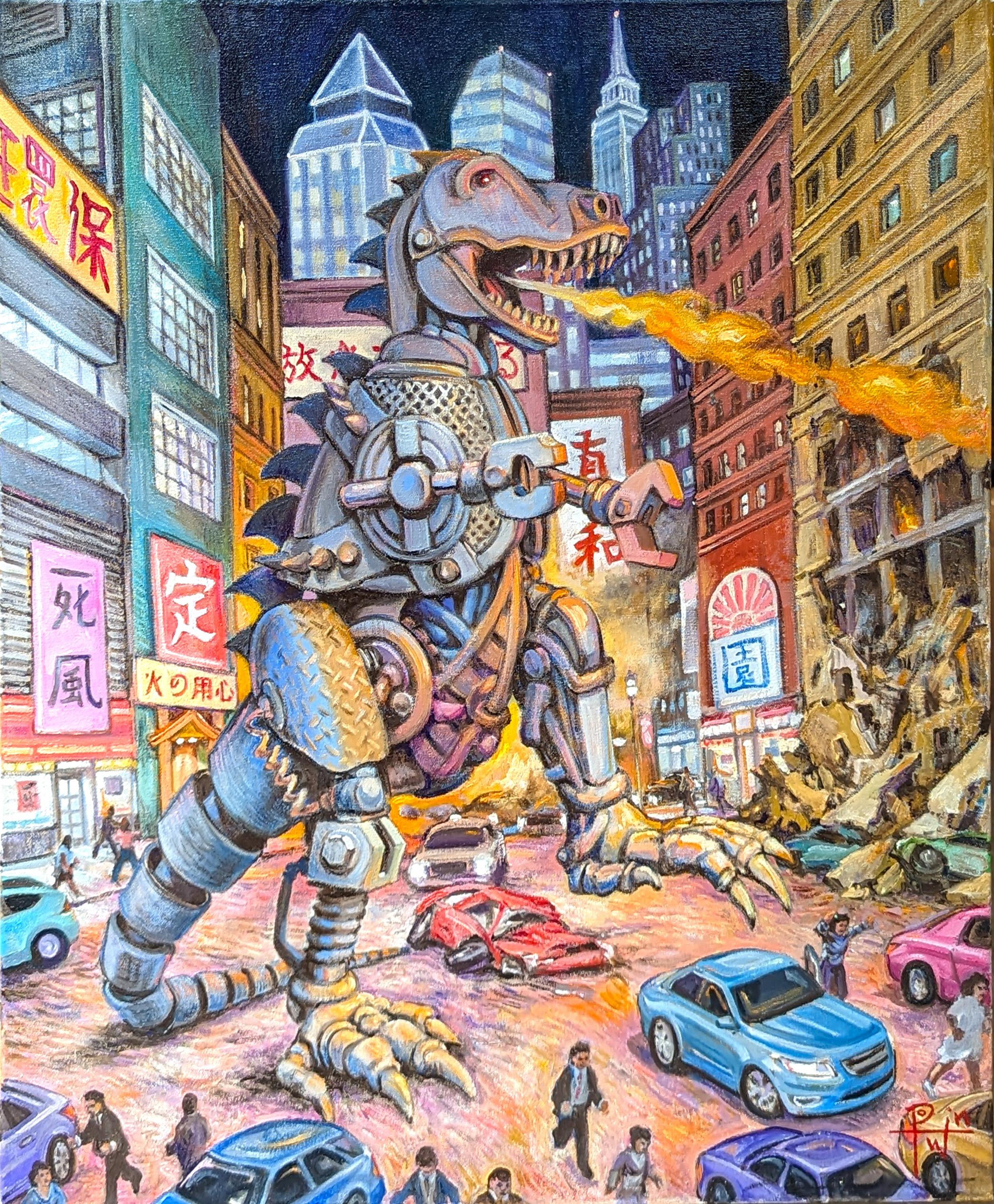 Henry David Potwin Figurative Painting – "Batterien nicht inbegriffen" Contemporary Surrealist Godzilla inspirierte Stadtlandschaft 