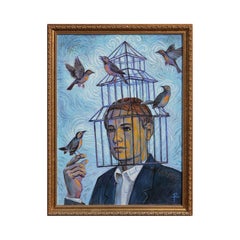 "Bird Cage" Blue Toned Contemporary Surrealist Portrait of a Man with Birds