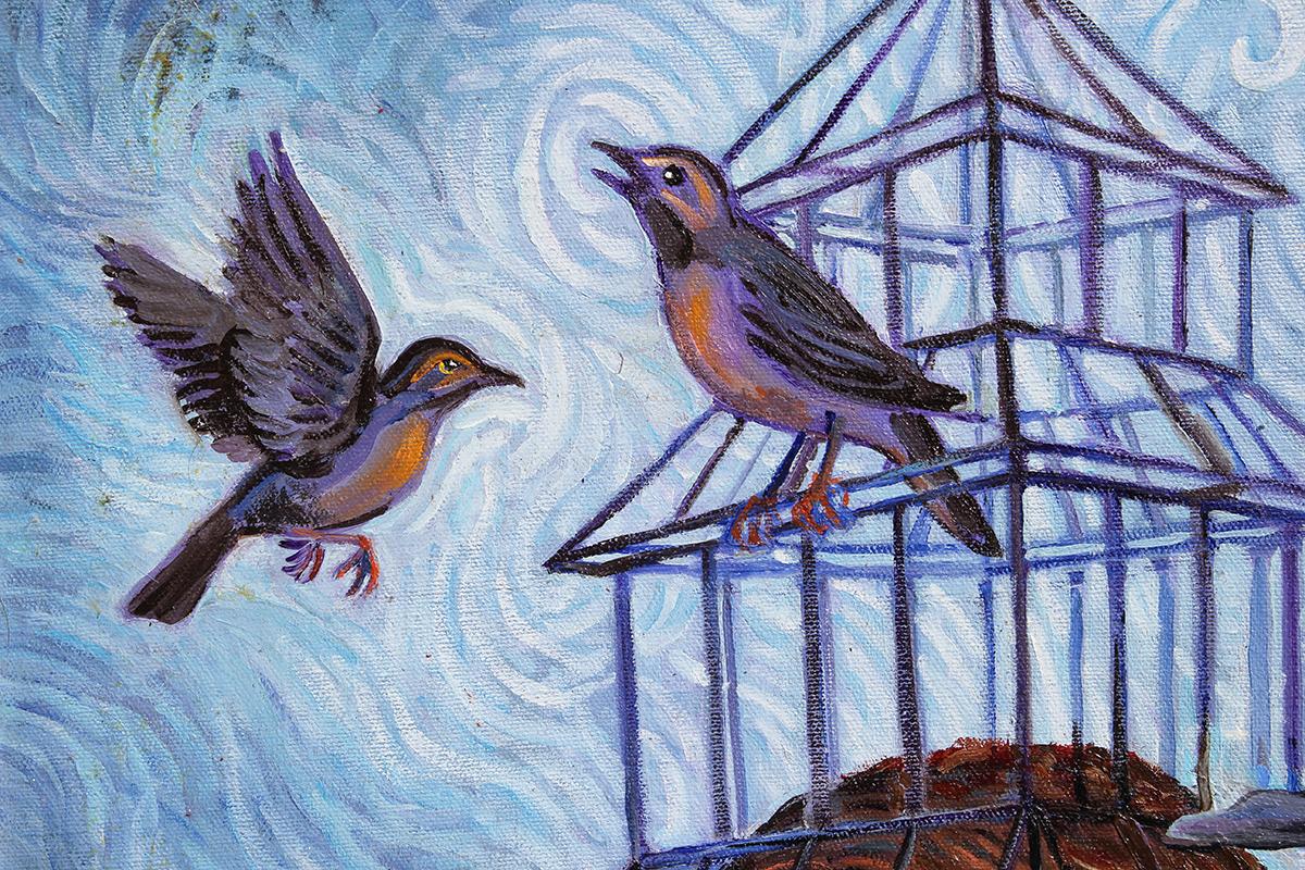 bird flying out of cage painting