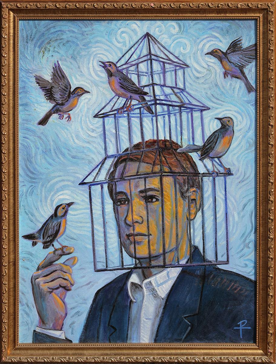 Henry David Potwin Animal Painting - "Bird Cage" Blue Toned Contemporary Surrealist Portrait of a Man with Birds
