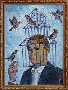 "Bird Cage" Blue Toned Contemporary Surrealist Portrait of a Man with Birds