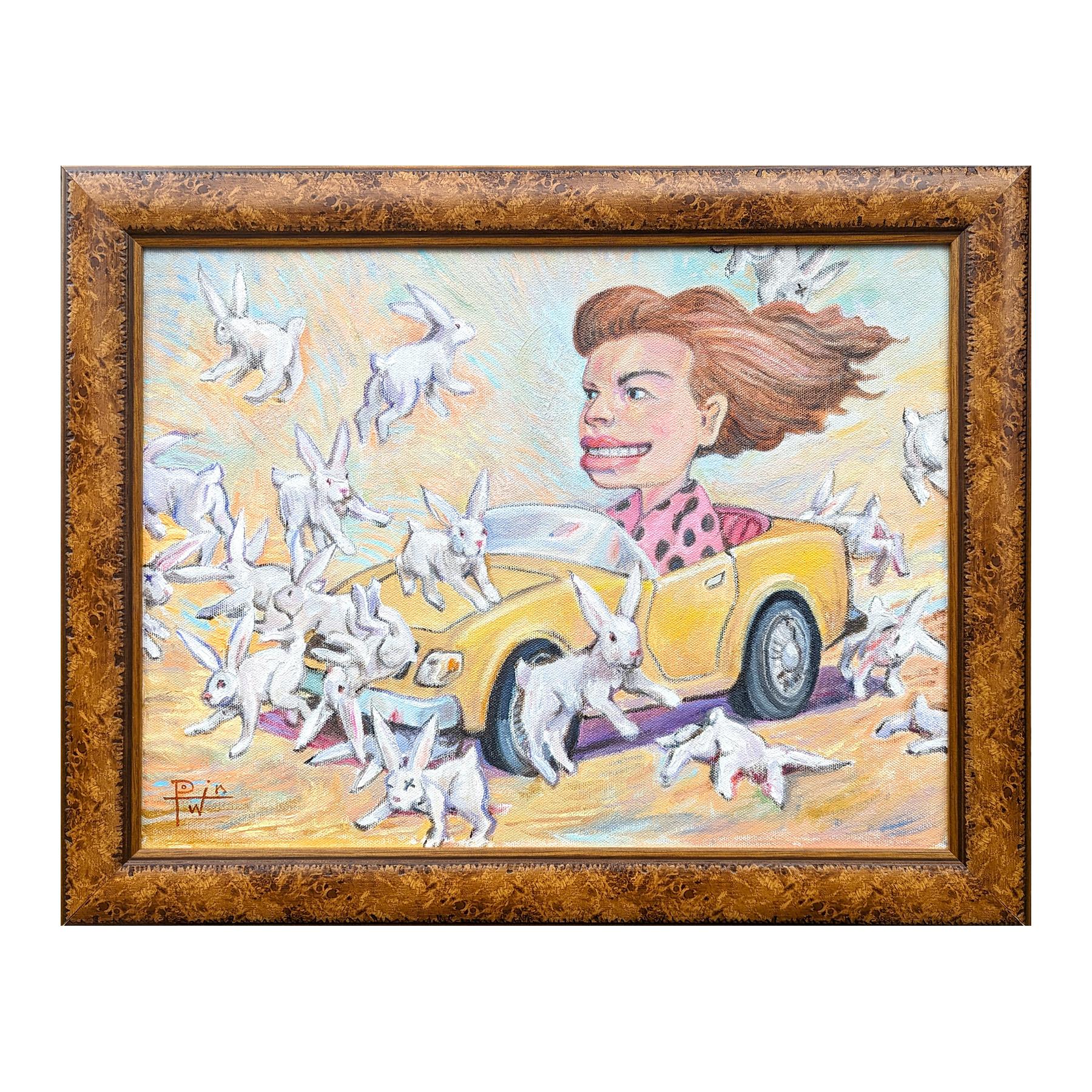 Colorful, pastel-toned painting by contemporary artist Henry David Potwin. This work features a woman driving a yellow car driving through a group of rabbits. Signed in the front lower left corner. Titled and dated on reverse. Currently hung in a