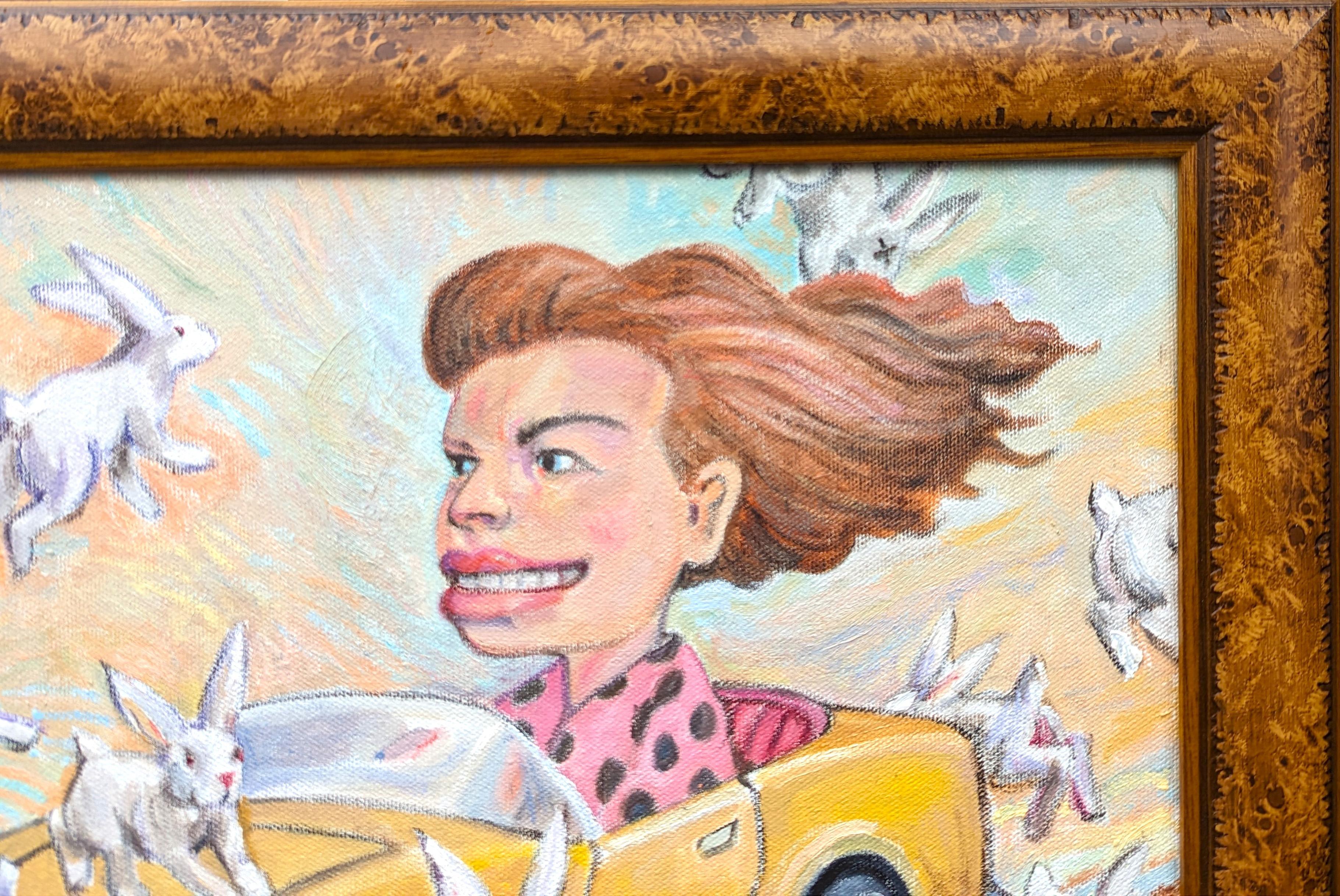 Buntes, pastellfarbenes Gemälde des zeitgenössischen Künstlers Henry David Potwin. Dieses Werk zeigt eine Frau, die in einem gelben Auto durch eine Gruppe von Kaninchen fährt. Signiert in der linken unteren Ecke der Vorderseite. Rückseitig betitelt