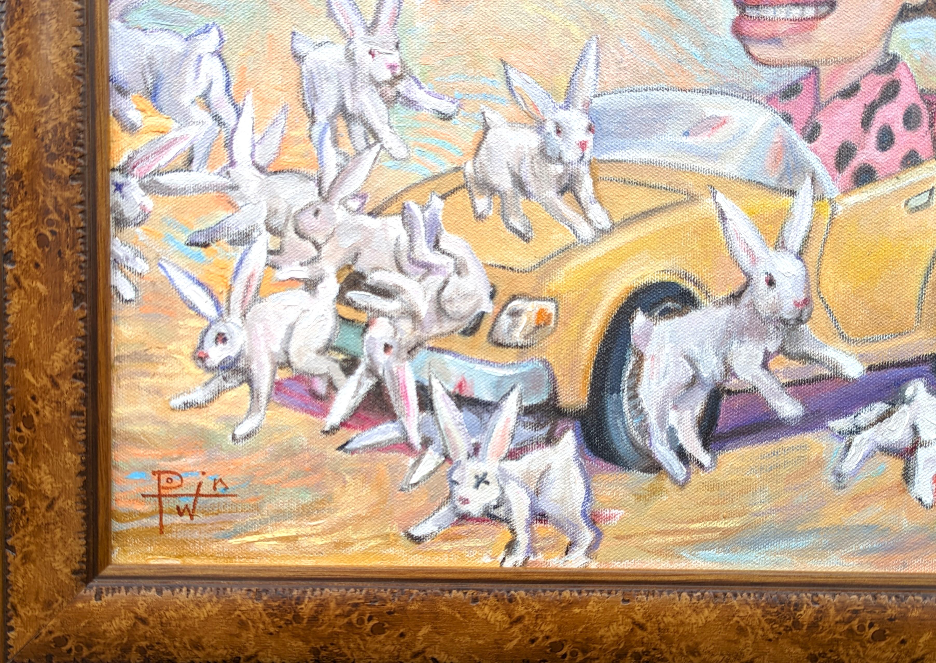 Peinture colorée aux tons pastel de l'artiste contemporain Henry David Potwin. Cette œuvre représente une femme au volant d'une voiture jaune qui traverse un groupe de lapins. Signé dans le coin inférieur gauche du recto. Titré et daté au verso.