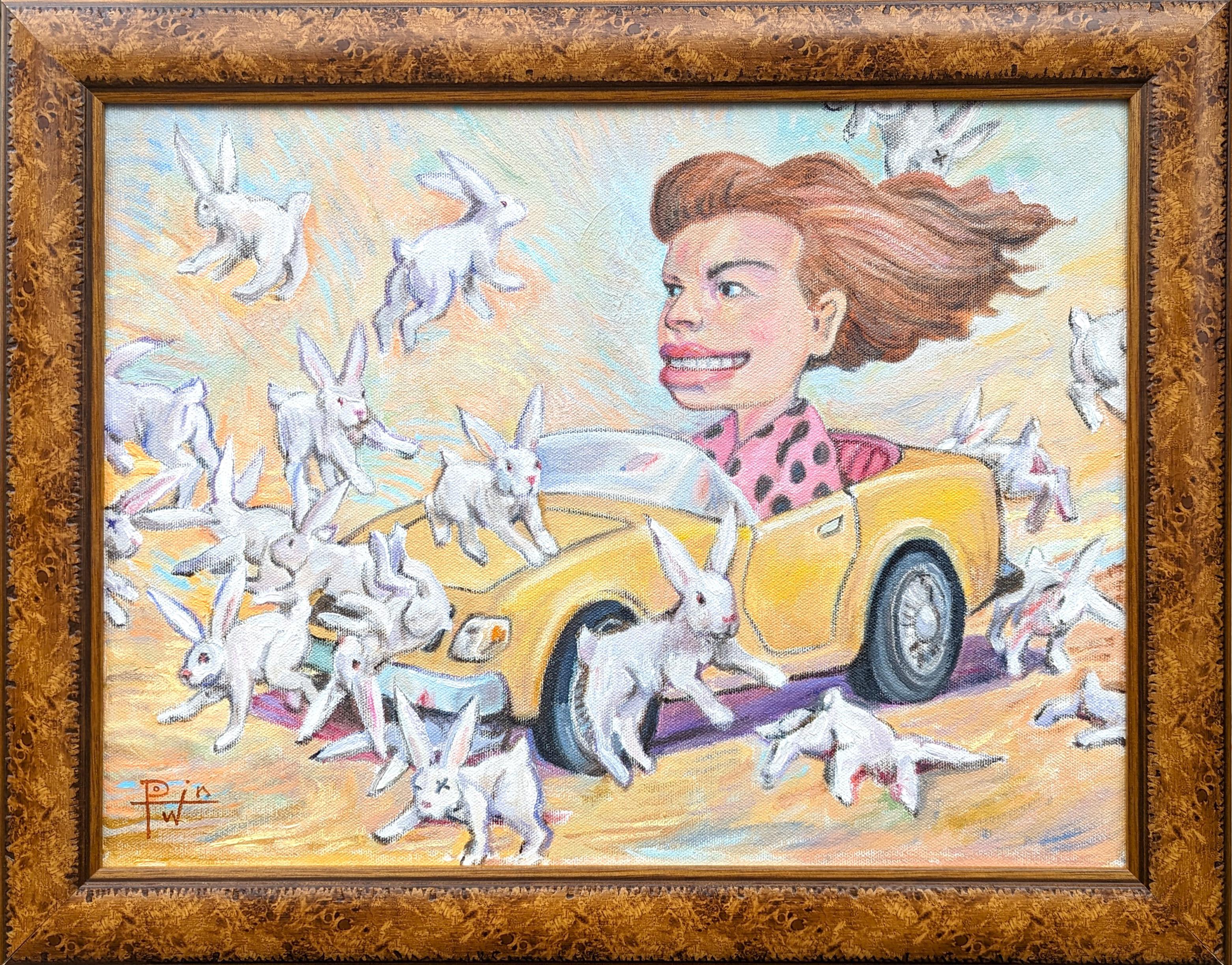 Animal Painting Henry David Potwin - "Bunny Bashing" Peinture de paysage contemporaine au pastel surréaliste