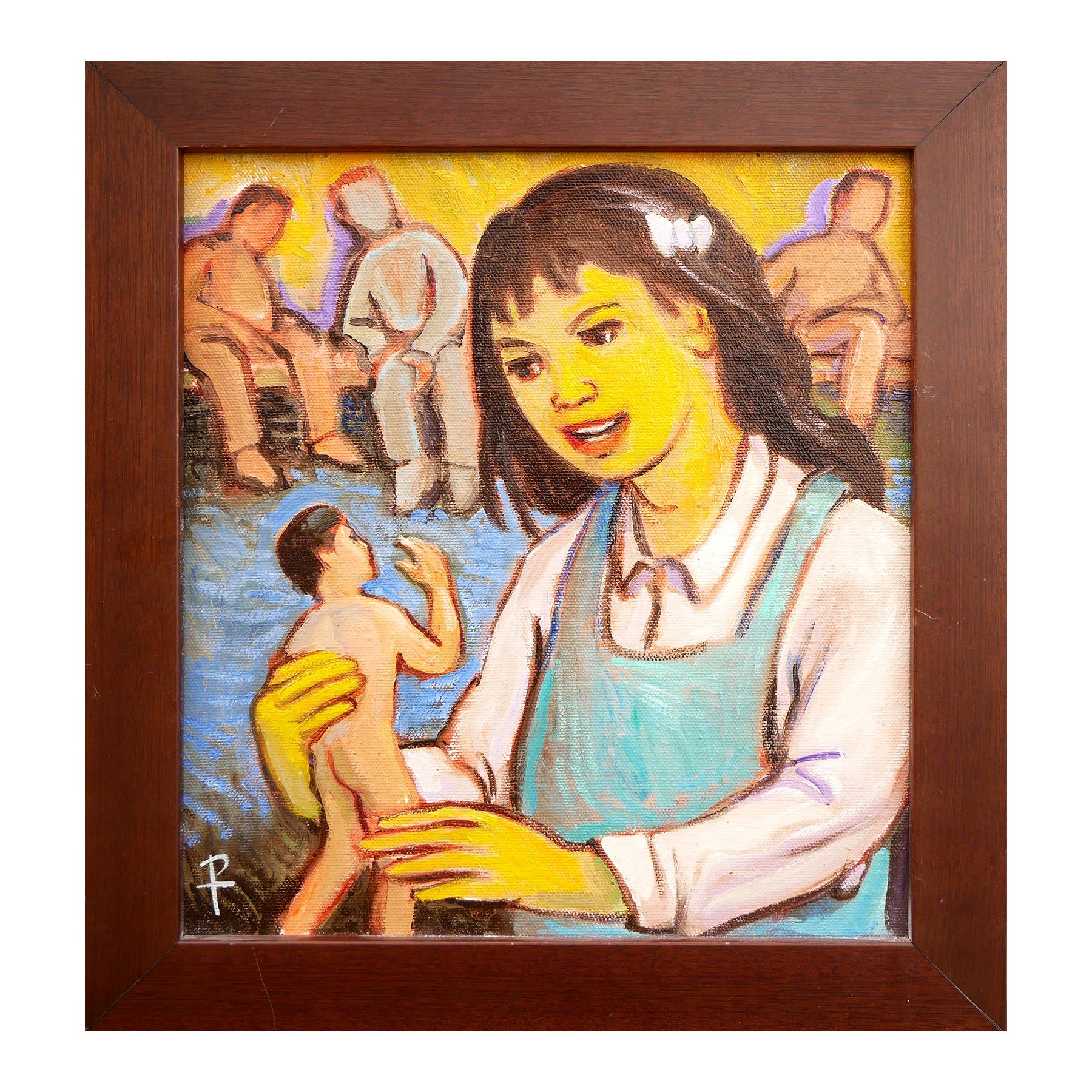 Pastel-toned surrealist painting done by contemporary artist Henry David Potwin. This work features a girl figure with yellow-toned skin playing with a smaller nude, doll figure. Signed at bottom left corner. Titled and dated on reverse. Currently