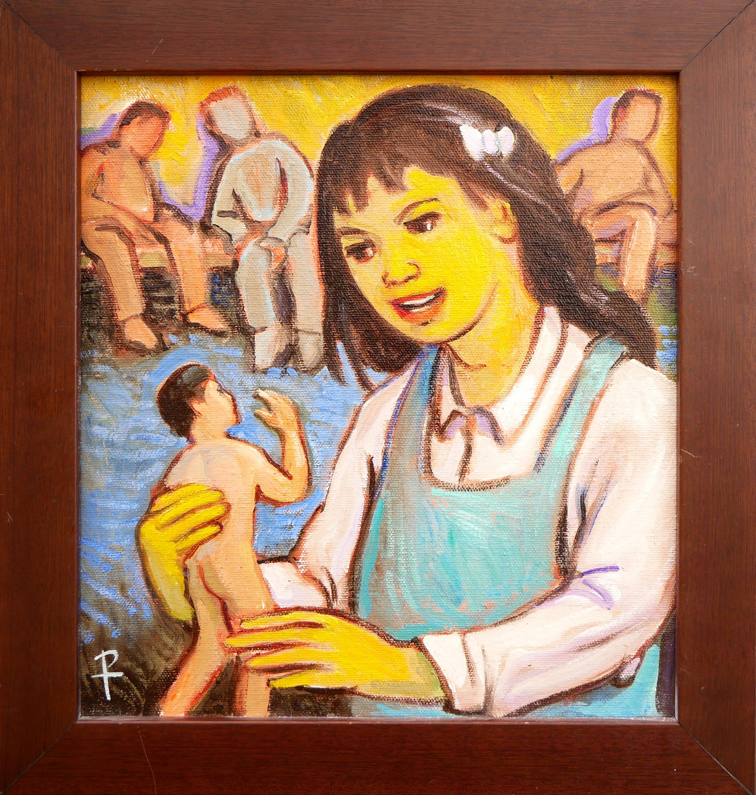 Peinture contemporaine de portrait surréaliste aux tons jaunes d'une jeune fille « Poupées »