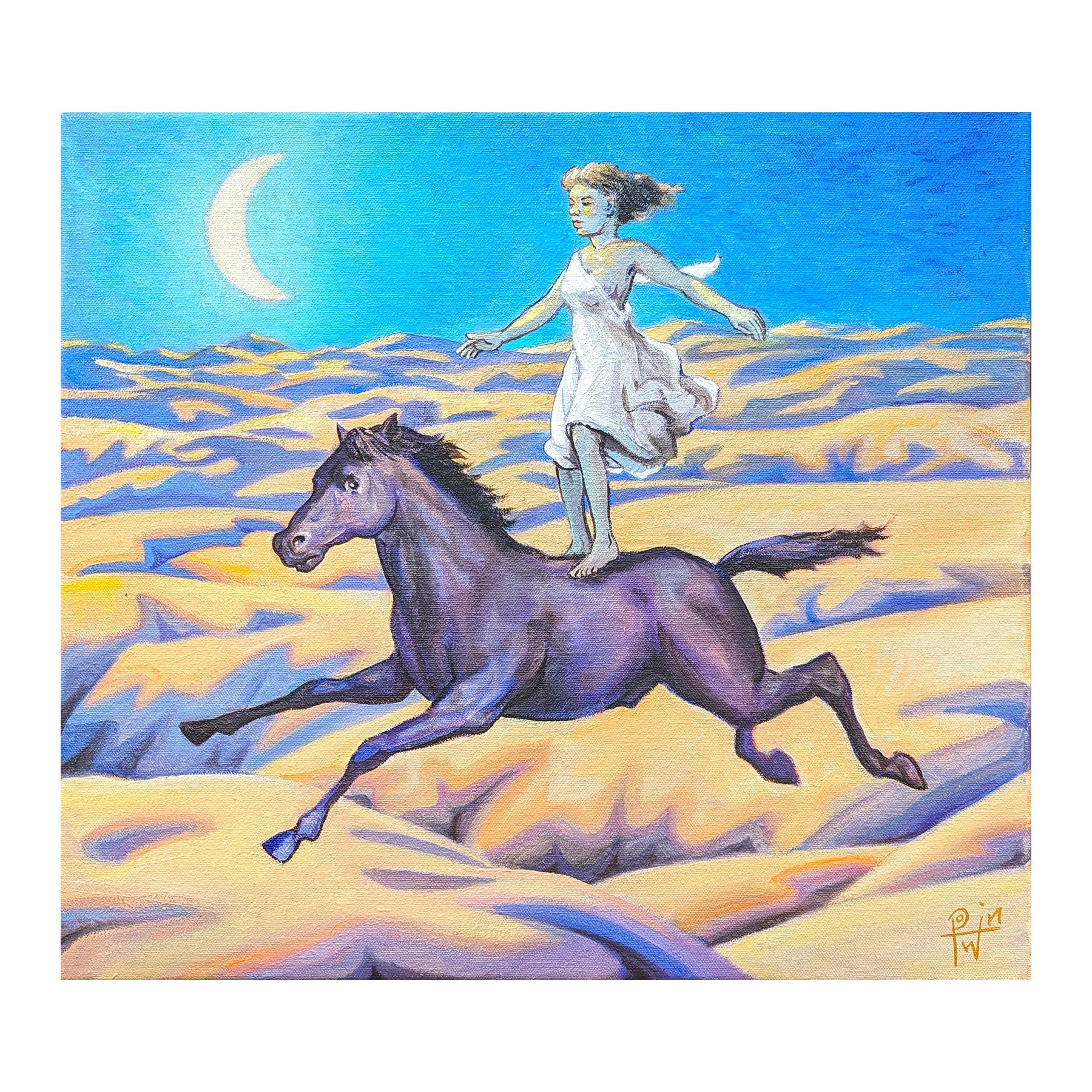 Colorful, blue and yellow toned painting by contemporary artist Henry David Potwin. The work features a woman in a white flowing dress standing on a horse riding through a desert night landscape. Signed in the front lower right corner. Titled and