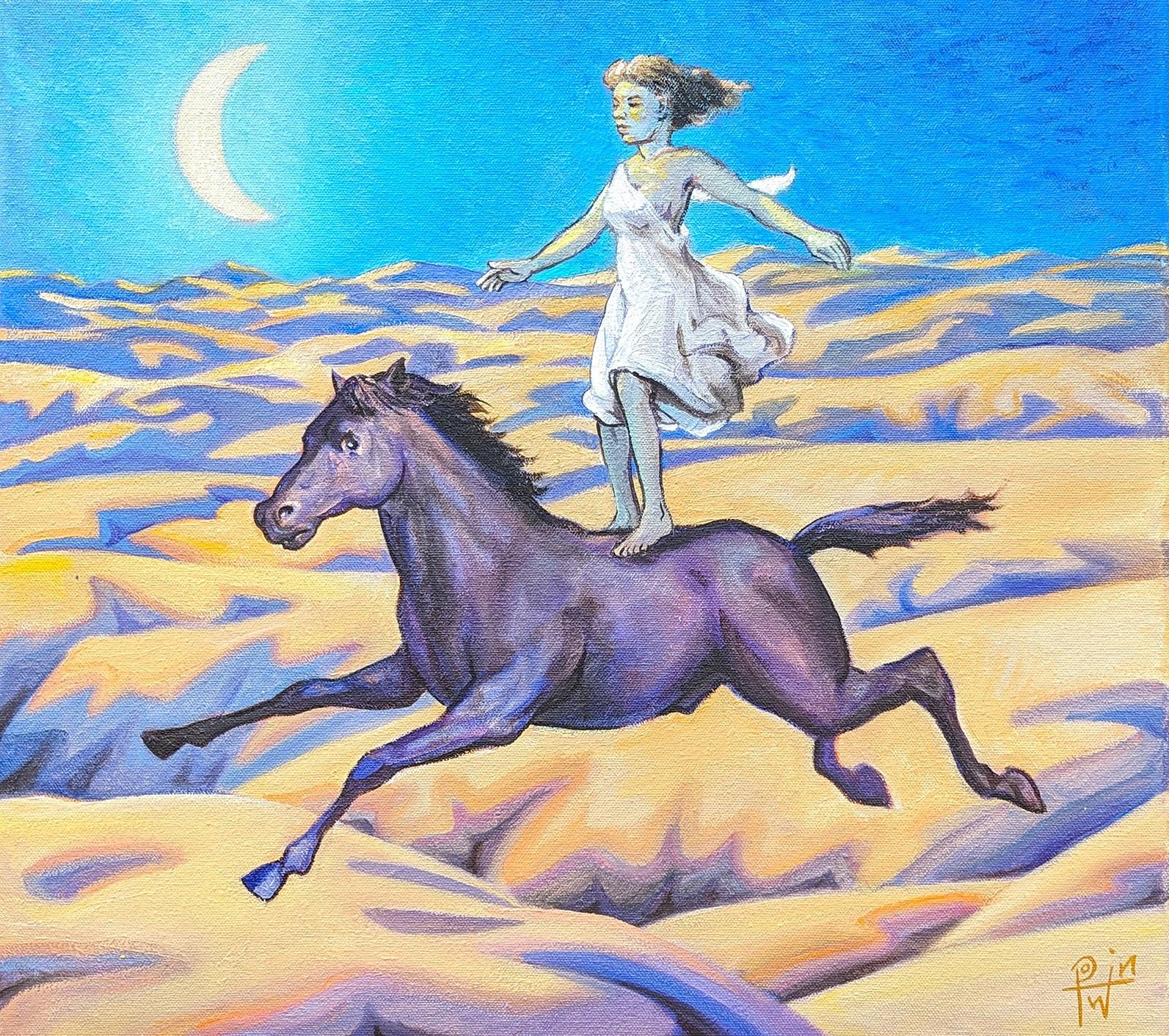 Farbenfrohes, blau und gelb getöntes Gemälde des zeitgenössischen Künstlers Henry David Potwin. Das Werk zeigt eine Frau in einem weißen, fließenden Kleid, die auf einem Pferd durch eine nächtliche Wüstenlandschaft reitet. Signiert in der rechten