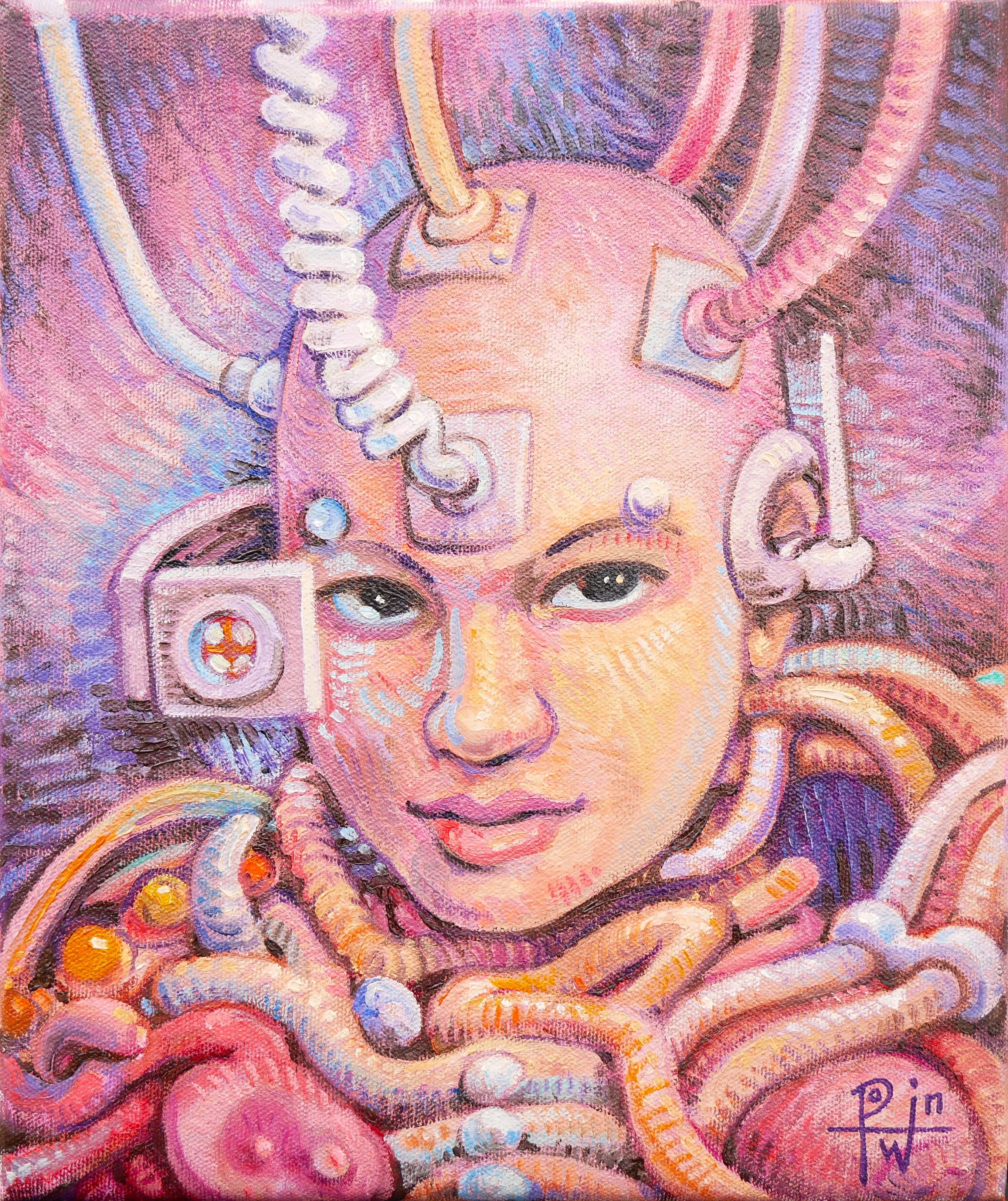 Peinture de portrait biomécanique contemporaine pastel surréaliste « enhanced »