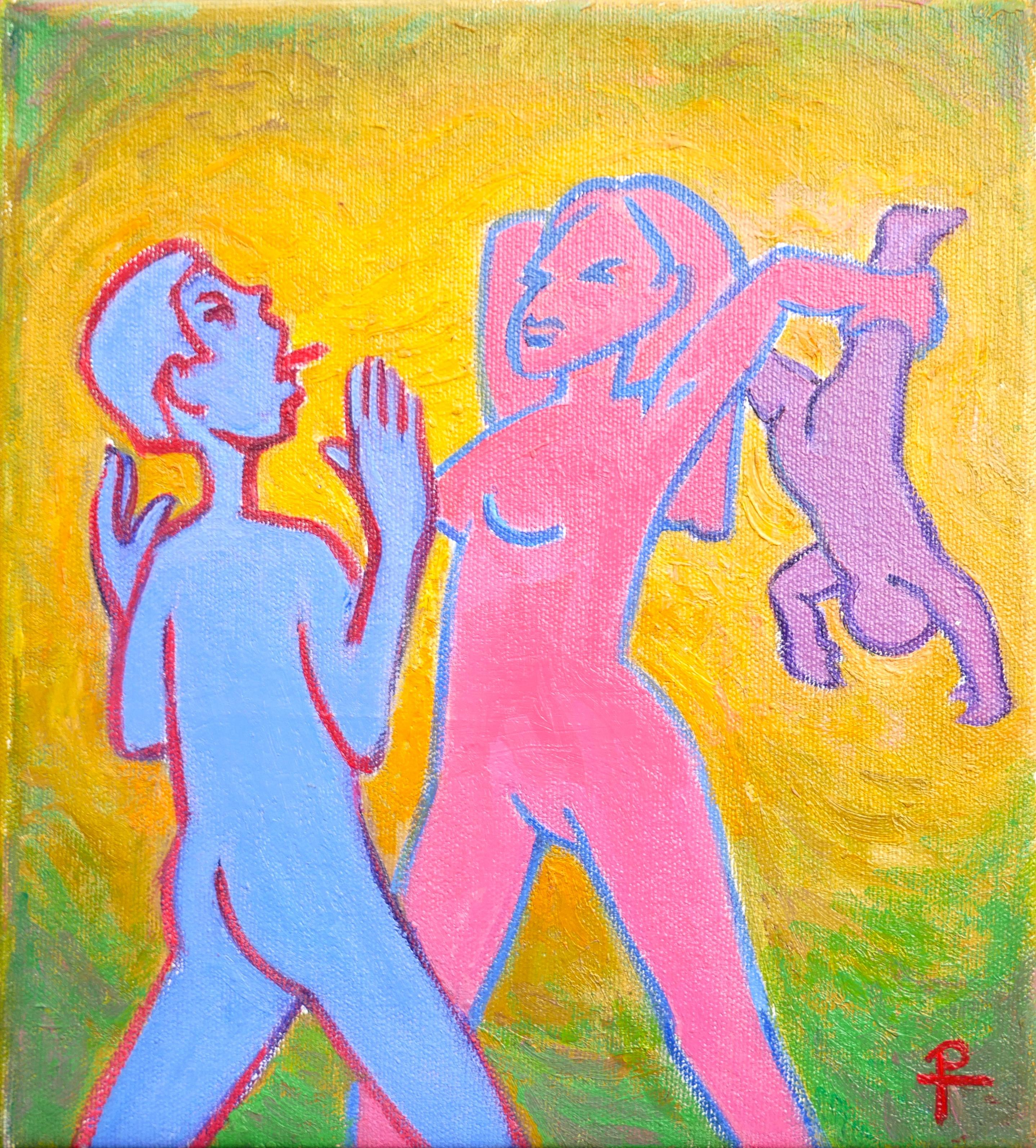 Henry David Potwin Abstract Painting - "Family Drama" Colorful Contemporary Pink and Blue Figurative Abstract