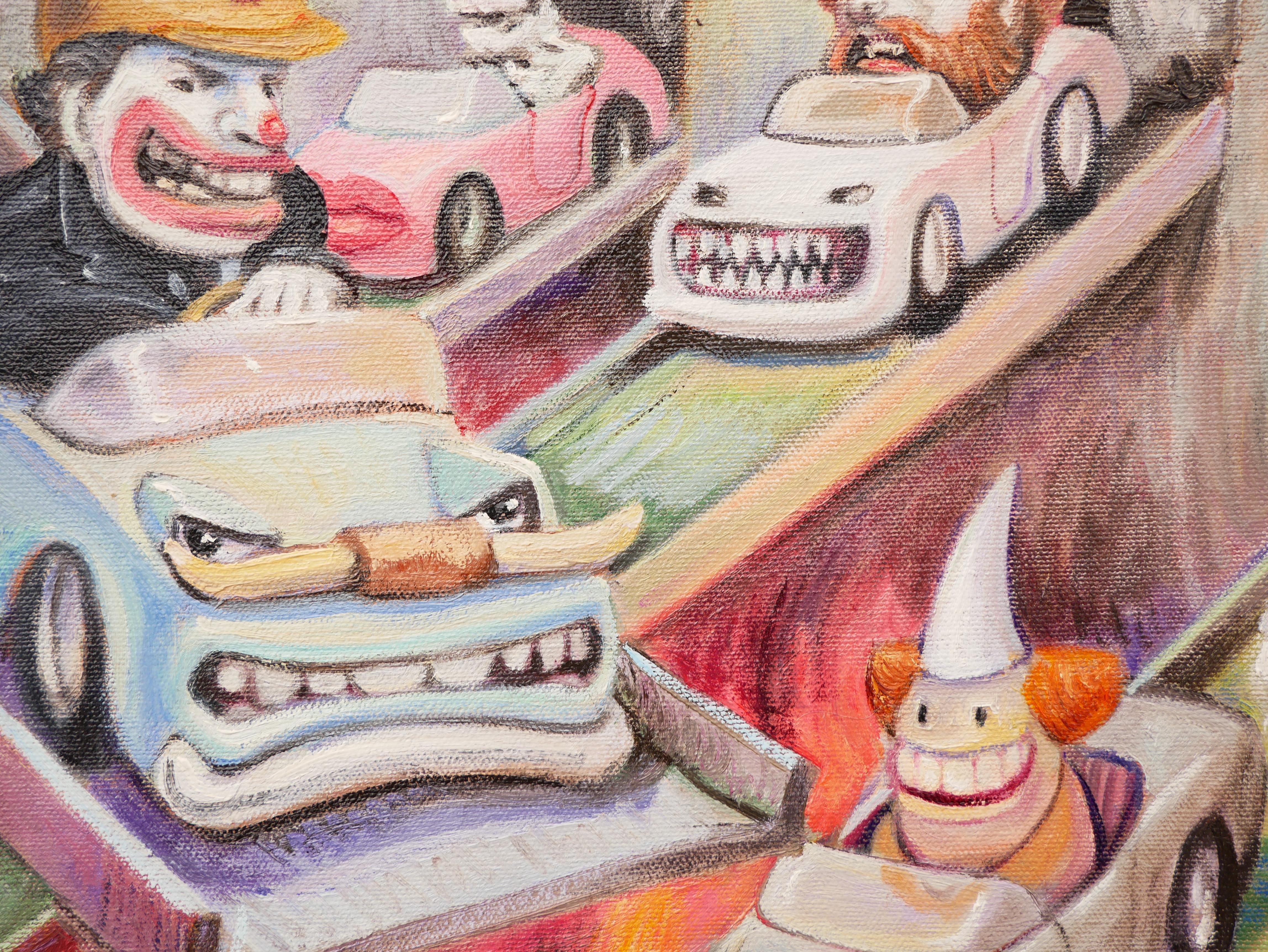 Zeitgenössische pastellfarbene surrealistische Stadtlandschaft mit Clowns, Reiterwagen, „Fossil Fuel“ im Angebot 6