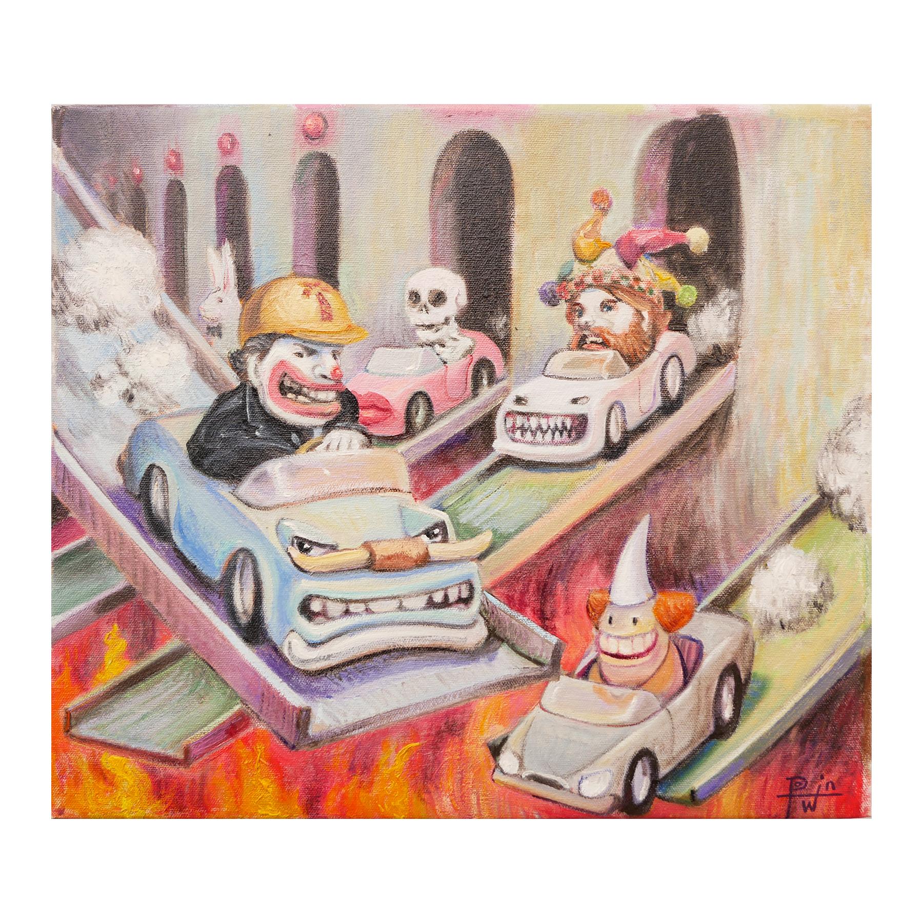 Zeitgenössische pastellfarbene surrealistische Stadtlandschaft mit Clowns, Reiterwagen, „Fossil Fuel“ – Painting von Henry David Potwin