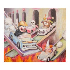 "Fossil Fuel" Contemporary Pastel Surrealist Cityscape of Clowns Driving Cars