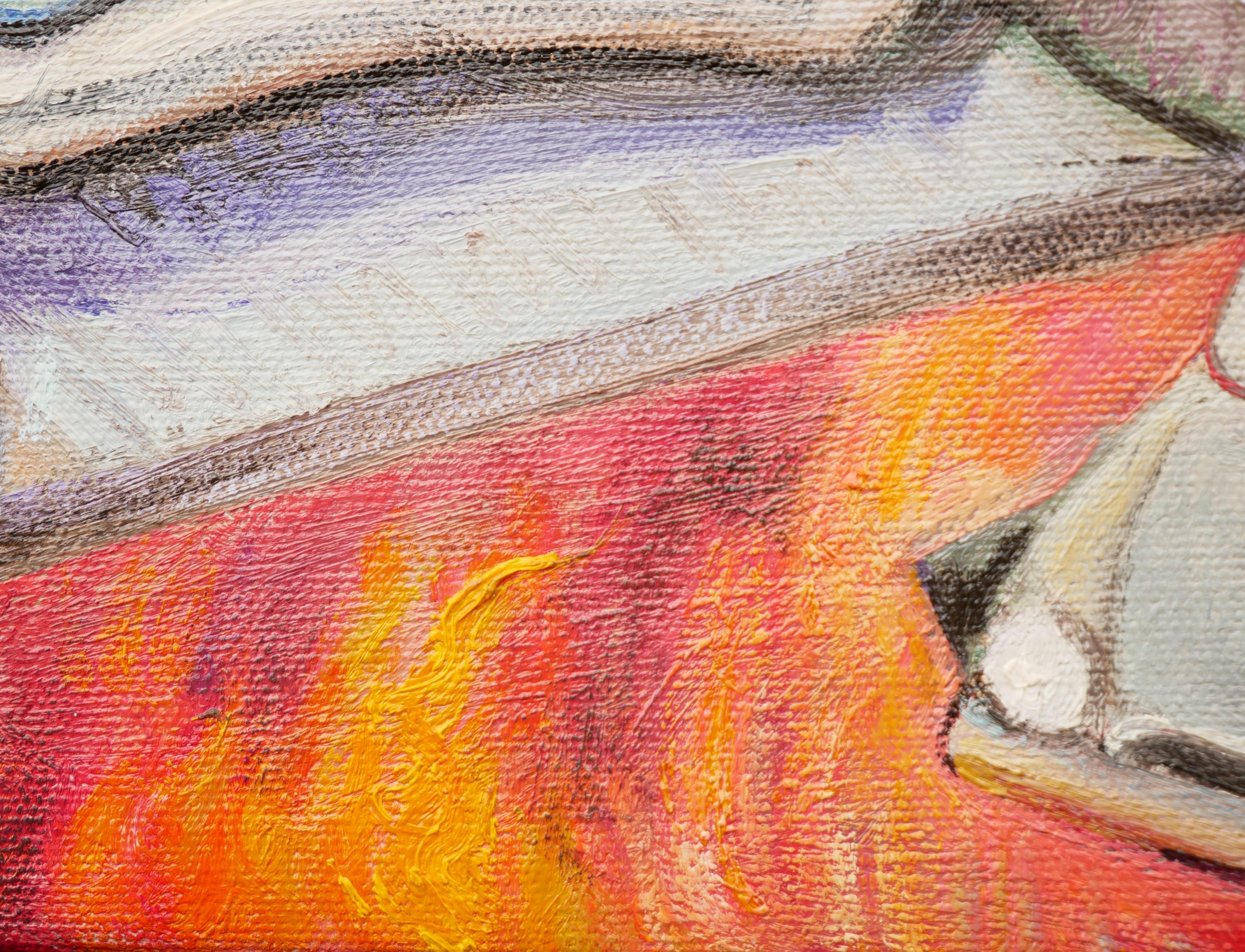 Surrealistische Pastellmalerei des zeitgenössischen Künstlers Henry David Potwin. Das Stück zeigt eine Szene mit vier Autos und clownsartigen Figuren, die auf einer Brücke rasen, unter der ein Feuer brennt. Potwin bezieht die Geschichte von Texas