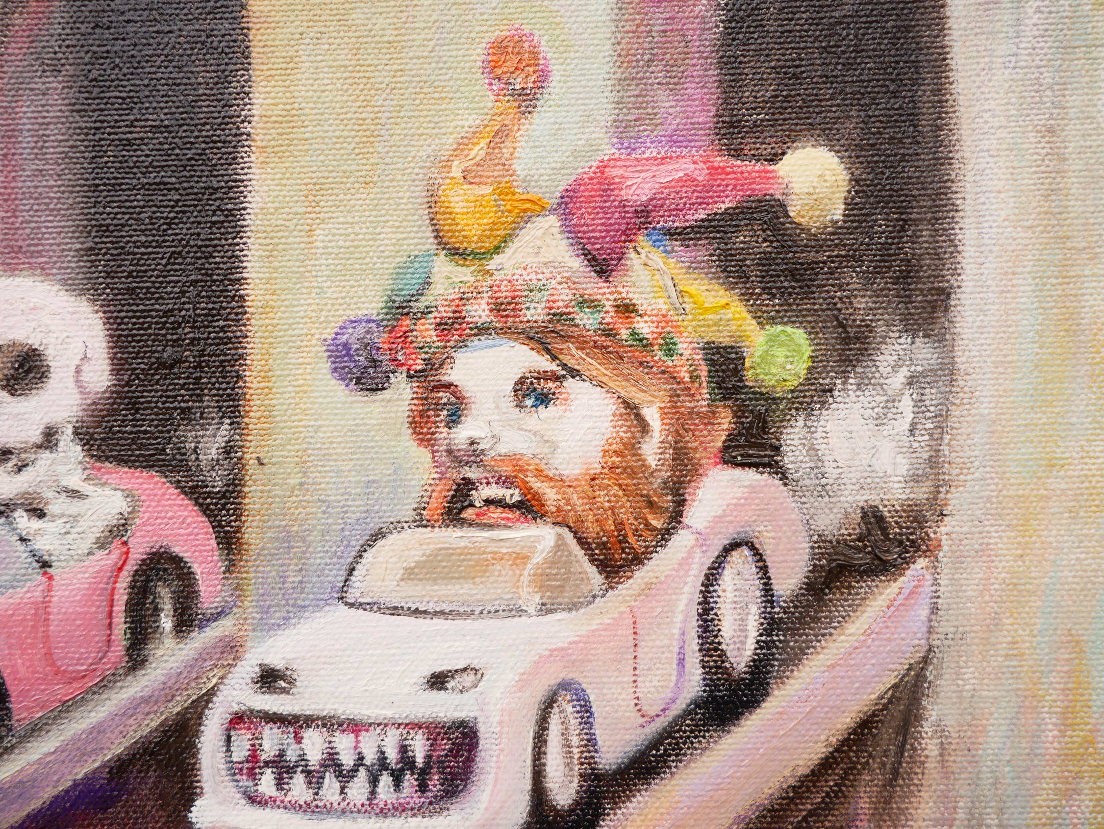 Zeitgenössische pastellfarbene surrealistische Stadtlandschaft mit Clowns, Reiterwagen, „Fossil Fuel“ im Angebot 2