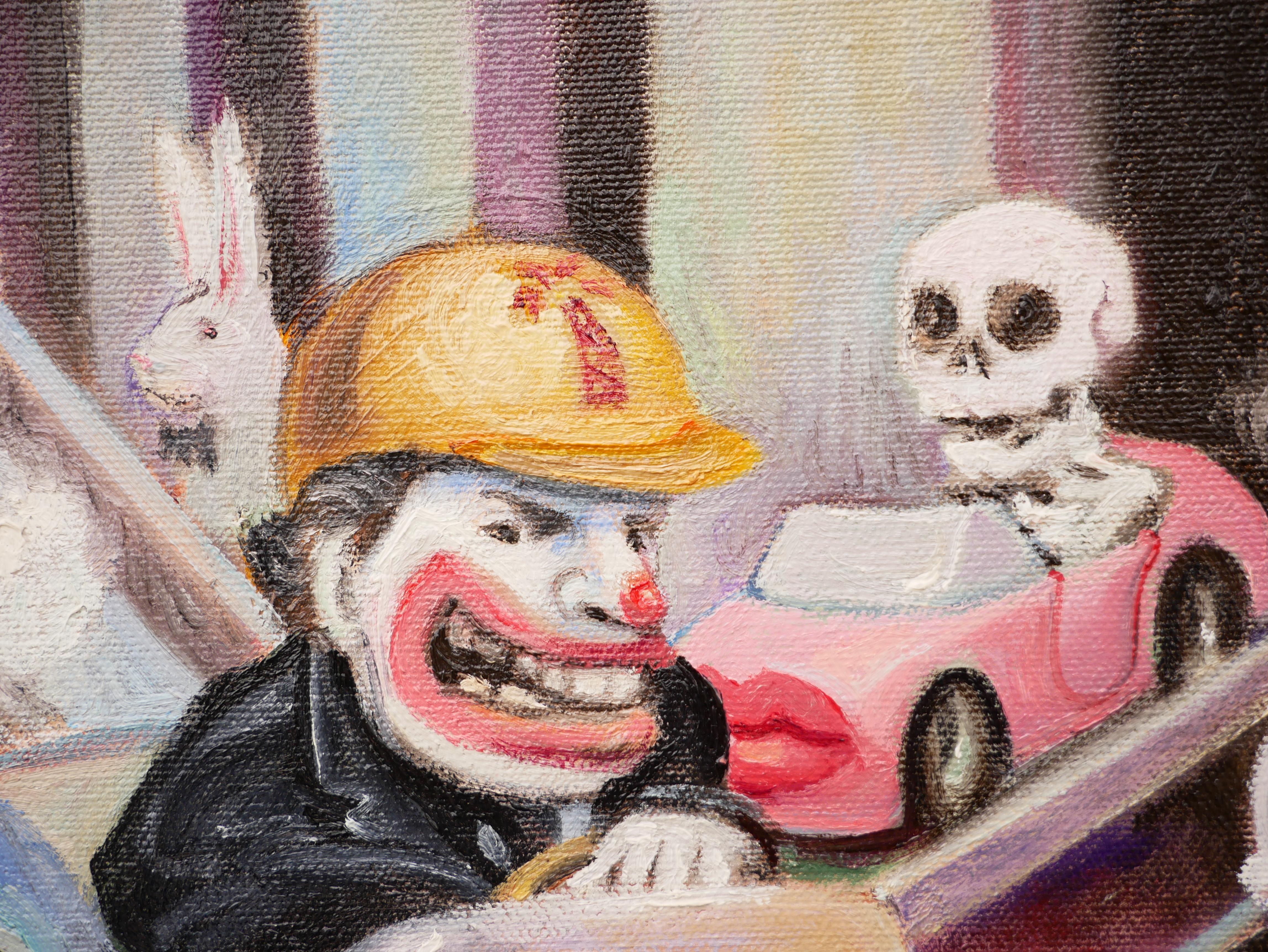 Pastel surrealist painting done by contemporary artist Henry David Potwin. The piece features a scene of four cars and clown-like figures racing on a bridge with a fire lit below. Potwin incorporates the history of Texas through the use of a Texan