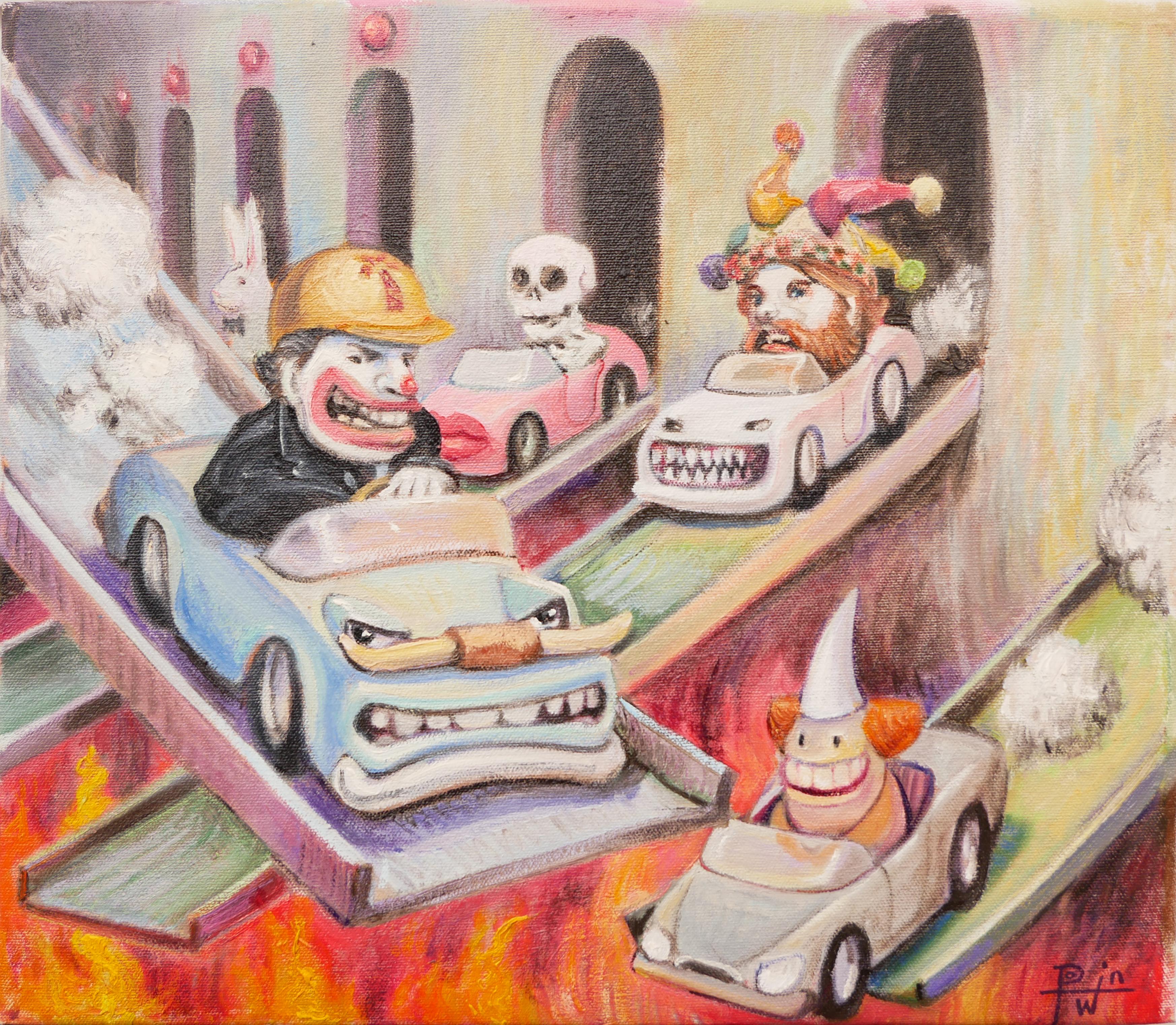 Henry David Potwin Landscape Painting – Zeitgenössische pastellfarbene surrealistische Stadtlandschaft mit Clowns, Reiterwagen, „Fossil Fuel“