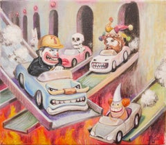 "Fossil Fuel" Contemporary Pastel Surrealist Cityscape of Clowns Driving Cars