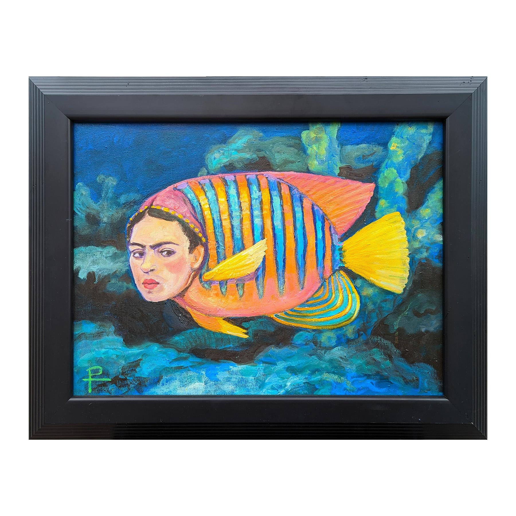 Farbenfrohes, juwelenfarbenes Gemälde des zeitgenössischen Künstlers Henry David Potwin. Das Werk zeigt eine surreale Darstellung eines tropischen Fisches mit dem Gesicht der berühmten Künstlerin Frida Kahlo. Signiert in der linken unteren Ecke der