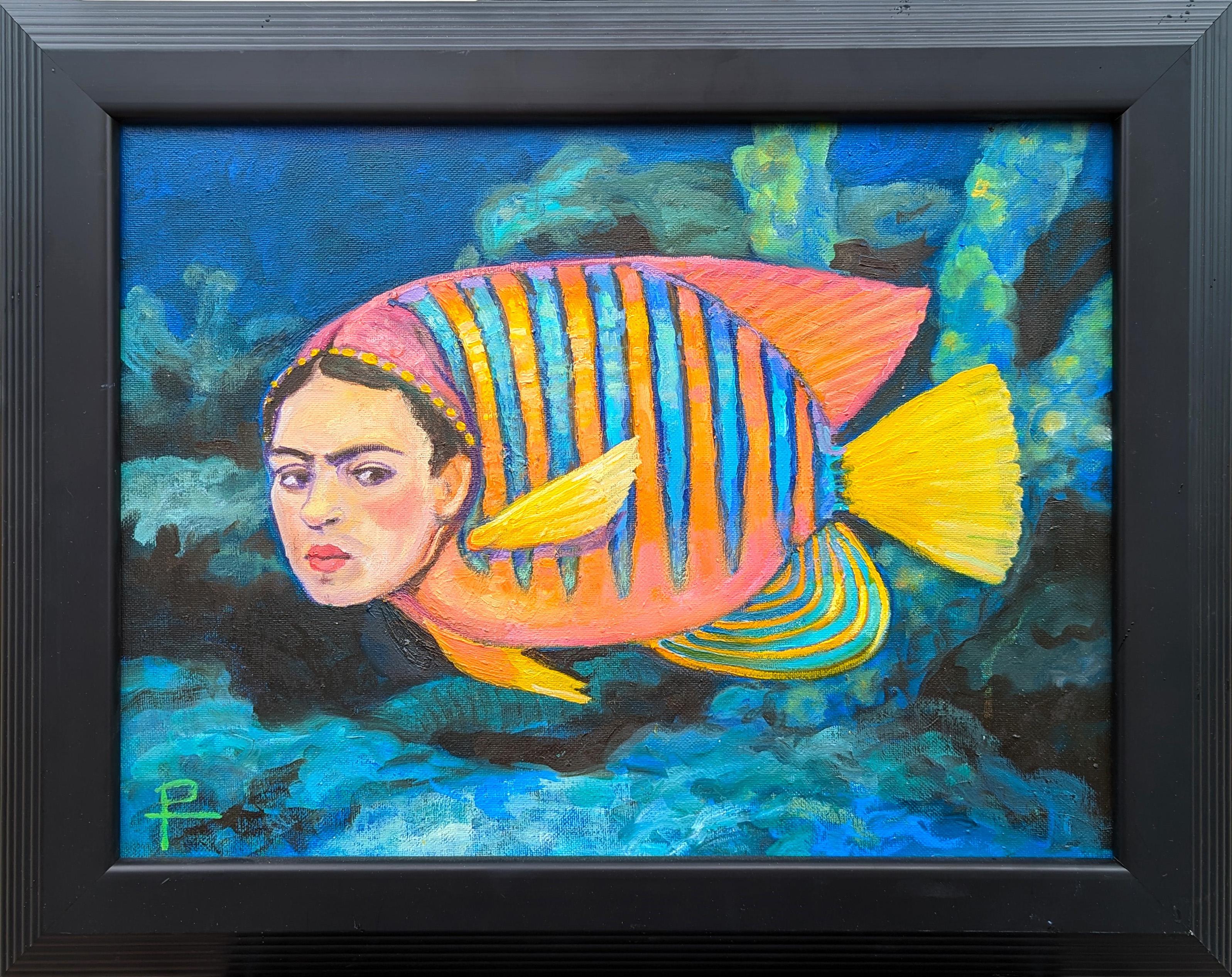 "Frida Fish" Pintura surrealista contemporánea de la vida oceánica tropical en tonos joya