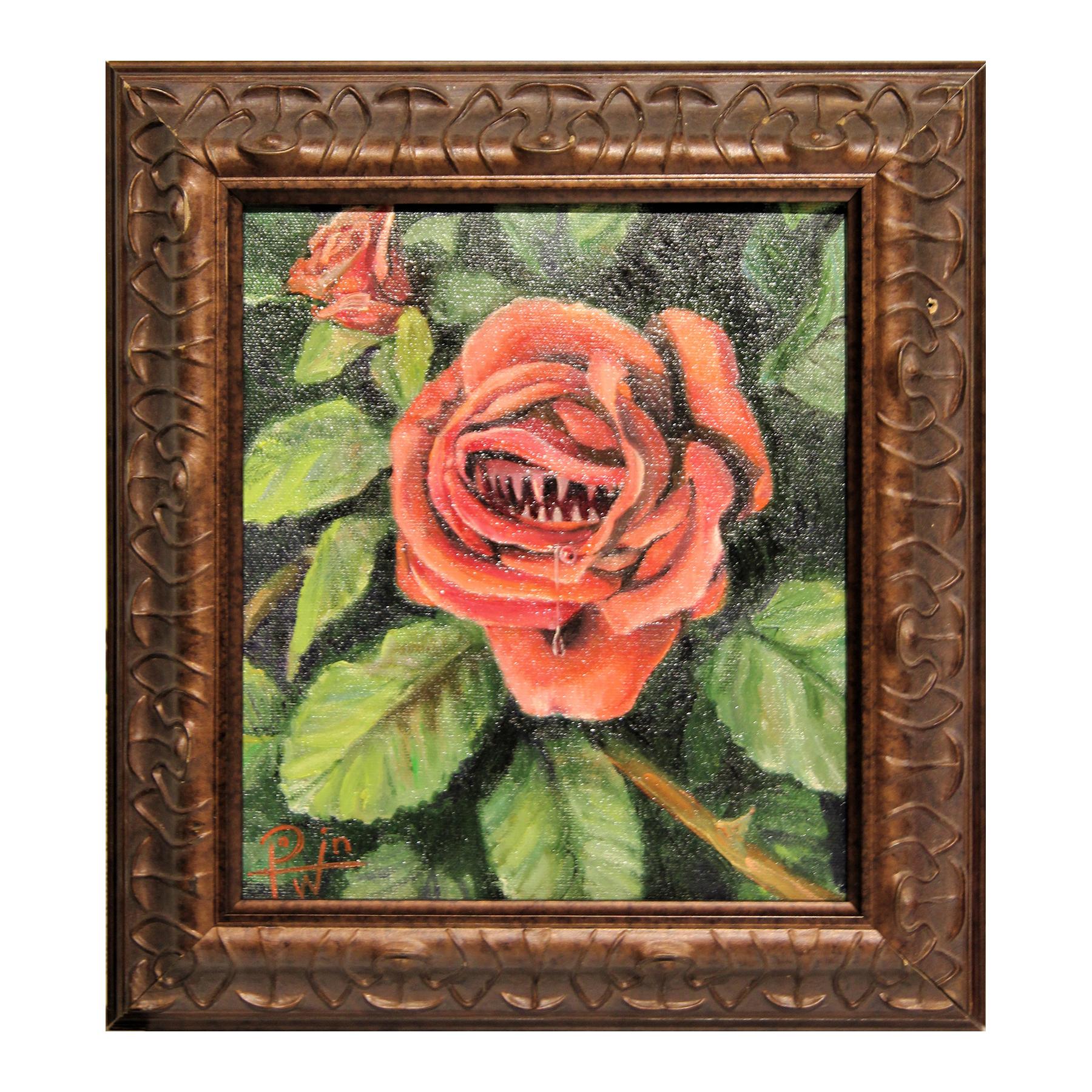 Henry David Potwin Still-Life Painting - “Hungry Rose” Contemporary Surrealist Flower with Teeth Still Life Painting