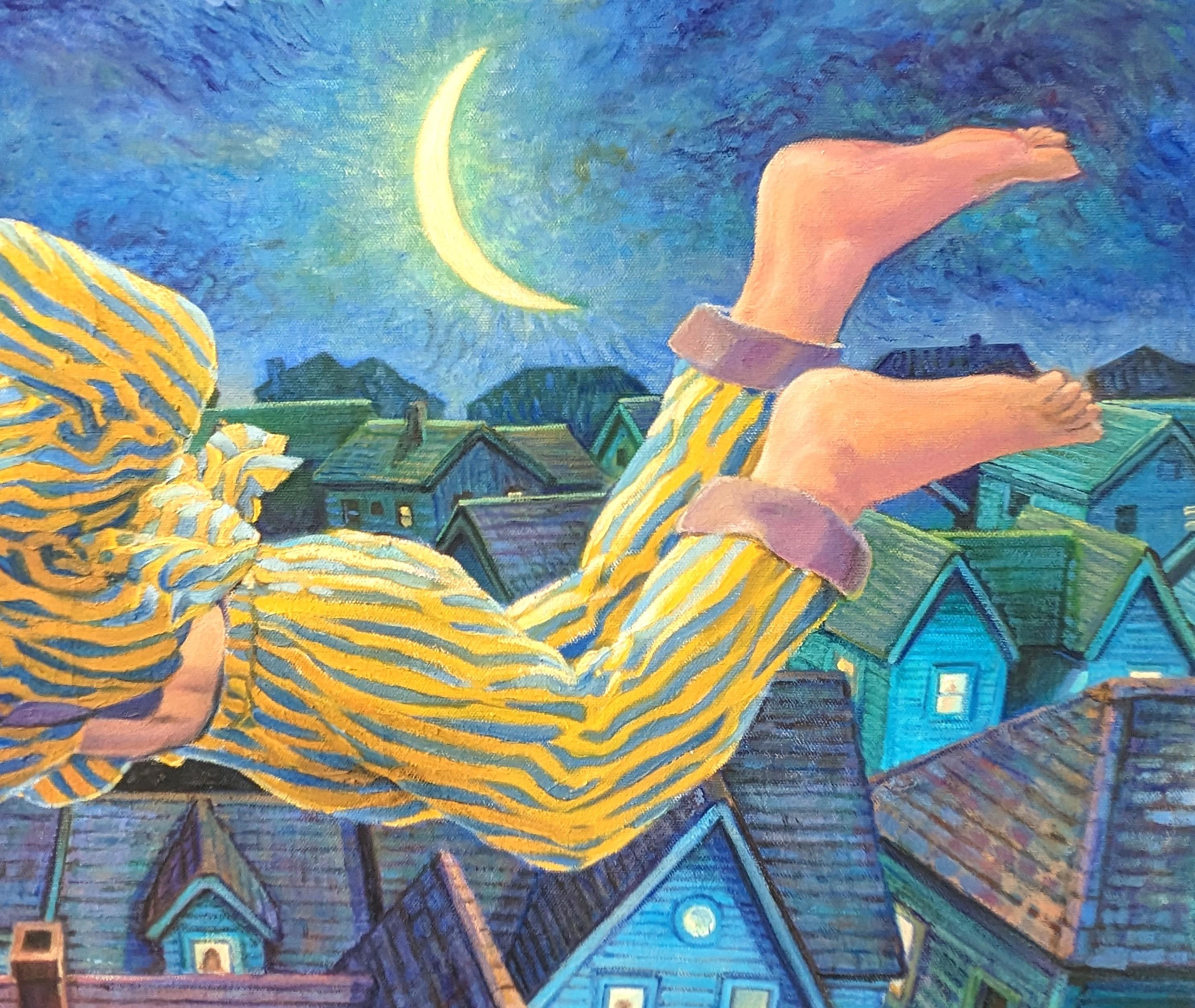 Buntes, blaustichiges Gemälde des zeitgenössischen Künstlers Henry David Potwin. Das Werk zeigt eine männliche Figur im Pyjama, die über einer verschlafenen Stadtszene schwebt. Signiert in der linken unteren Ecke der Vorderseite. Rückseitig betitelt