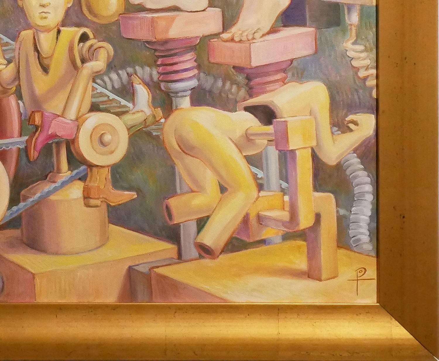 Farbenfrohes surrealistisches Gemälde des zeitgenössischen texanischen Künstlers Henry David Potwin. Das Werk zeigt eine belebte Szene mit vermenschlichten Maschinen, die durch Förderbänder verbunden sind. Signiert rechts unten auf der Vorderseite.