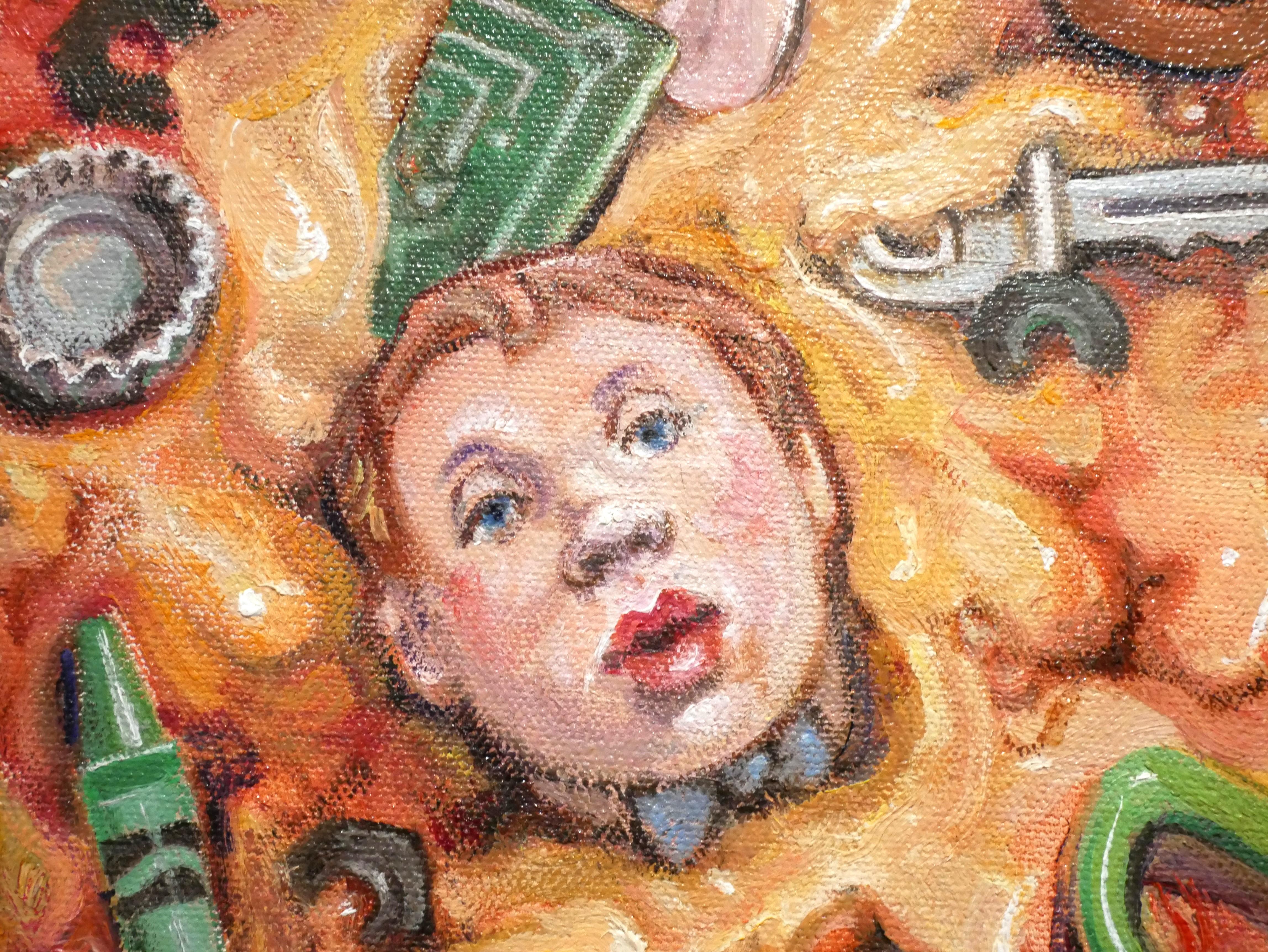 Farbenfrohes surrealistisches Stillleben des texanischen Künstlers Henry David Potwin. Das Werk zeigt eine geöffnete Pizzaschachtel mit verschiedenen ungenießbaren Belägen wie Scheren, einem Bleistift, einer Zahnbürste und Leiterplattenteilen.