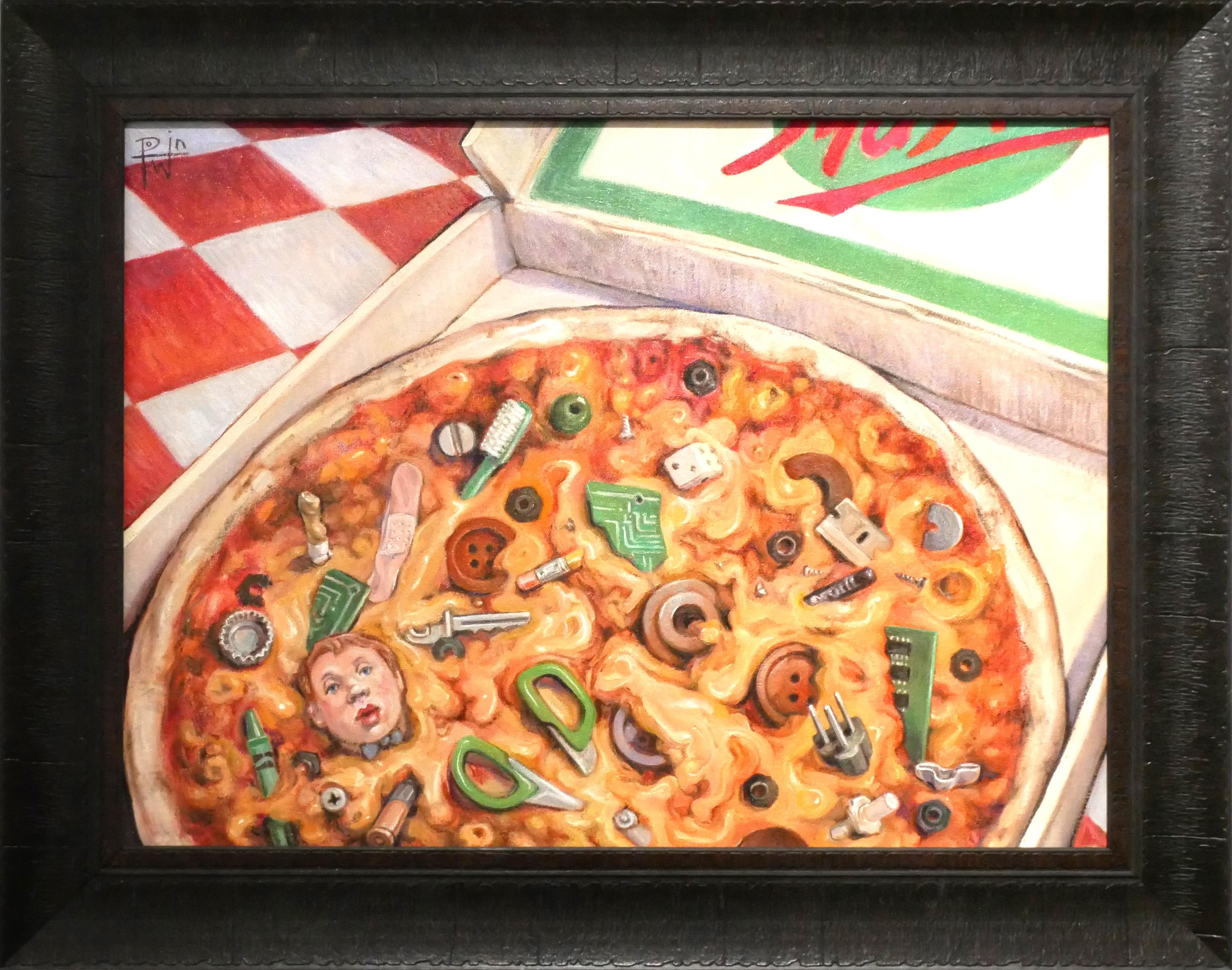 Henry David Potwin Abstract Painting – "Junk Food (Pizza)" Contemporary Surrealist Still Life of an Inedible Pizza 