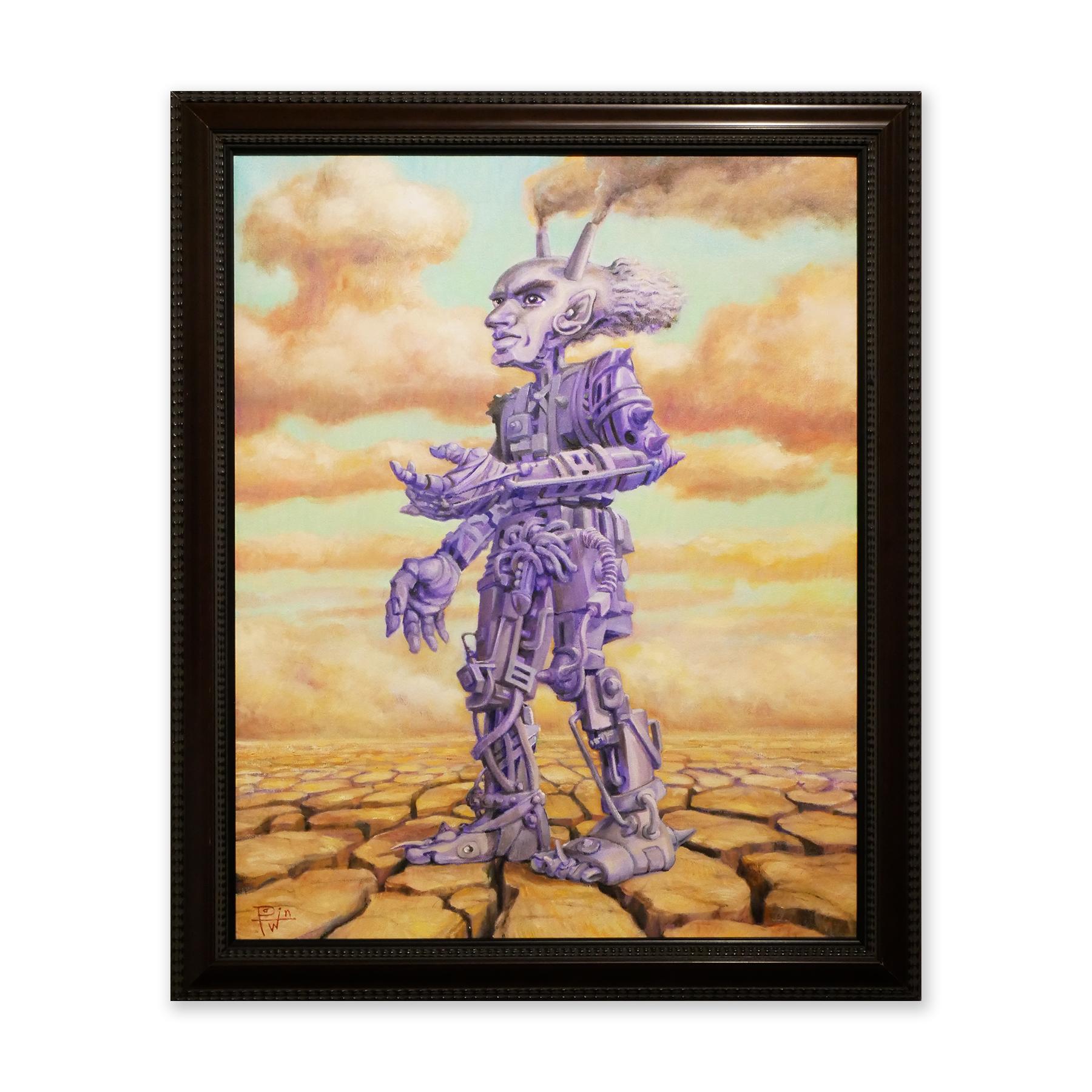 Pastellfarbenes zeitgenössisches biomechanisches surrealistisches Wüstengemälde „Junkman“ – Painting von Henry David Potwin