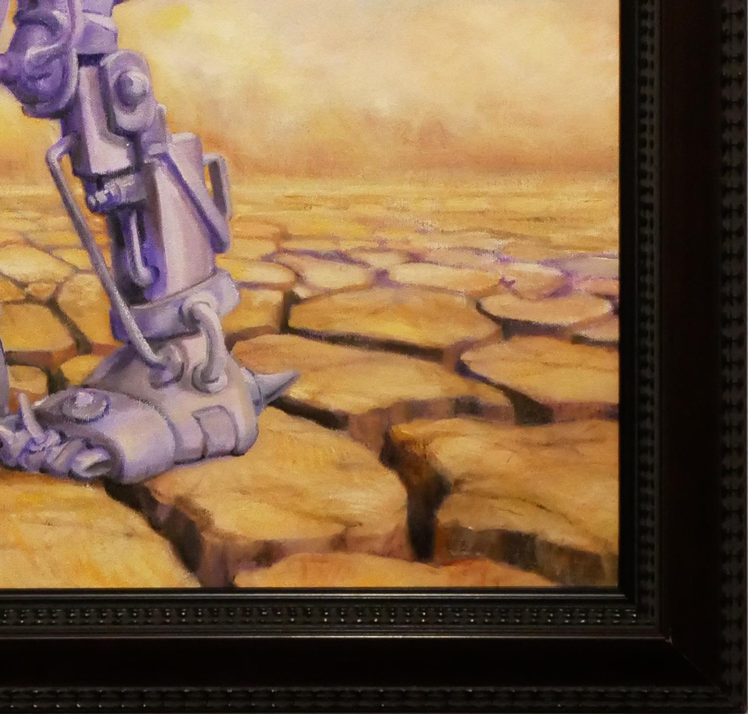 Pastel surrealist painting by contemporary Texas artist Henry David Potwin. The work features a large mechanized man wandering a desert landscape. Signed in front lower left corner. Titled and dated on reverse. Currently hung in a dark brown