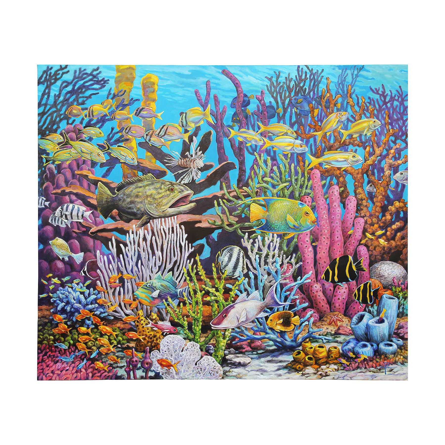 Henry David Potwin Landscape Painting - "Large Underwater Fish Painting" Colorful Realist Coral Reef Seascape Painting