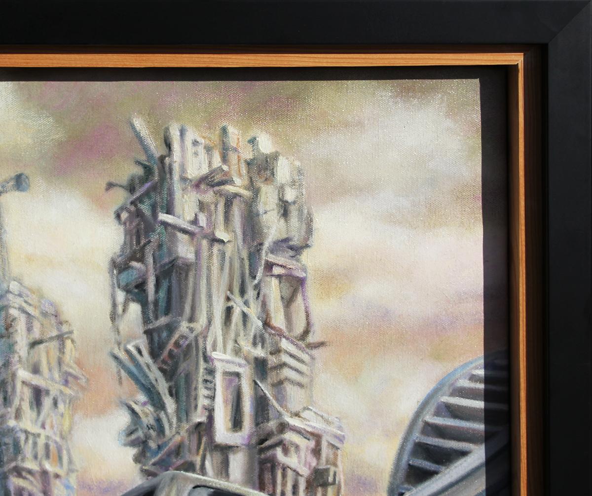 Contemporary surrealist landscape painting by Texas artist Henry David Potwin. The work features a desolate, dystopian landscape built out of scrape industrial equipment. Signed in front lower right corner. Titled and dated on reverse. Currently