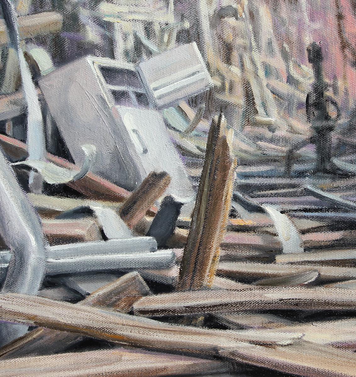 Peinture de paysage surréaliste contemporaine de l'artiste texan Henry David Potwin. L'œuvre présente un paysage désolé et dystopique construit à partir d'équipements industriels mis au rebut. Signé à l'avant dans le coin inférieur droit. Titré et