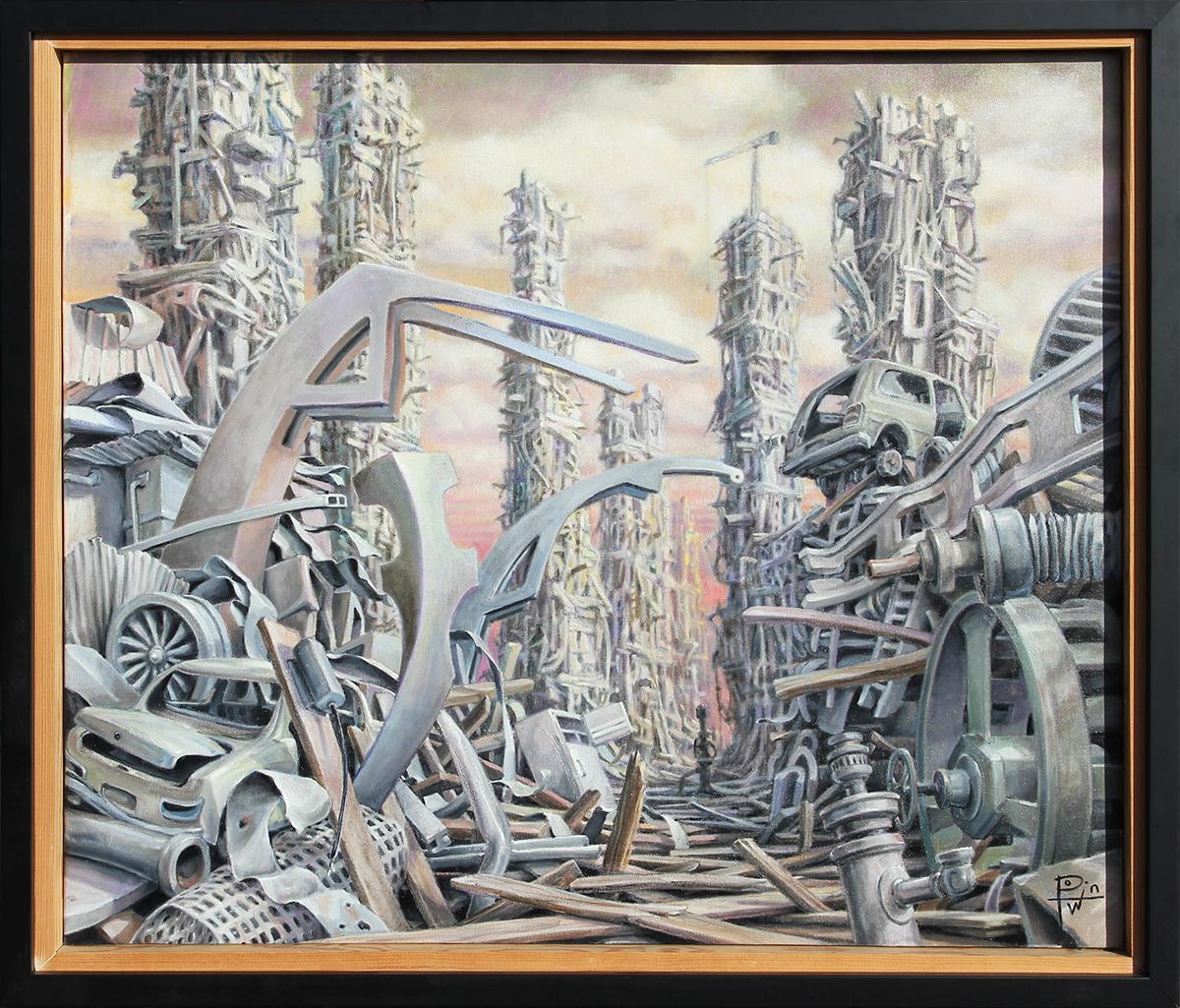 Landscape Painting Henry David Potwin - "Legacy" - Peinture de paysage surréaliste contemporaine d'une dystopia industrielle