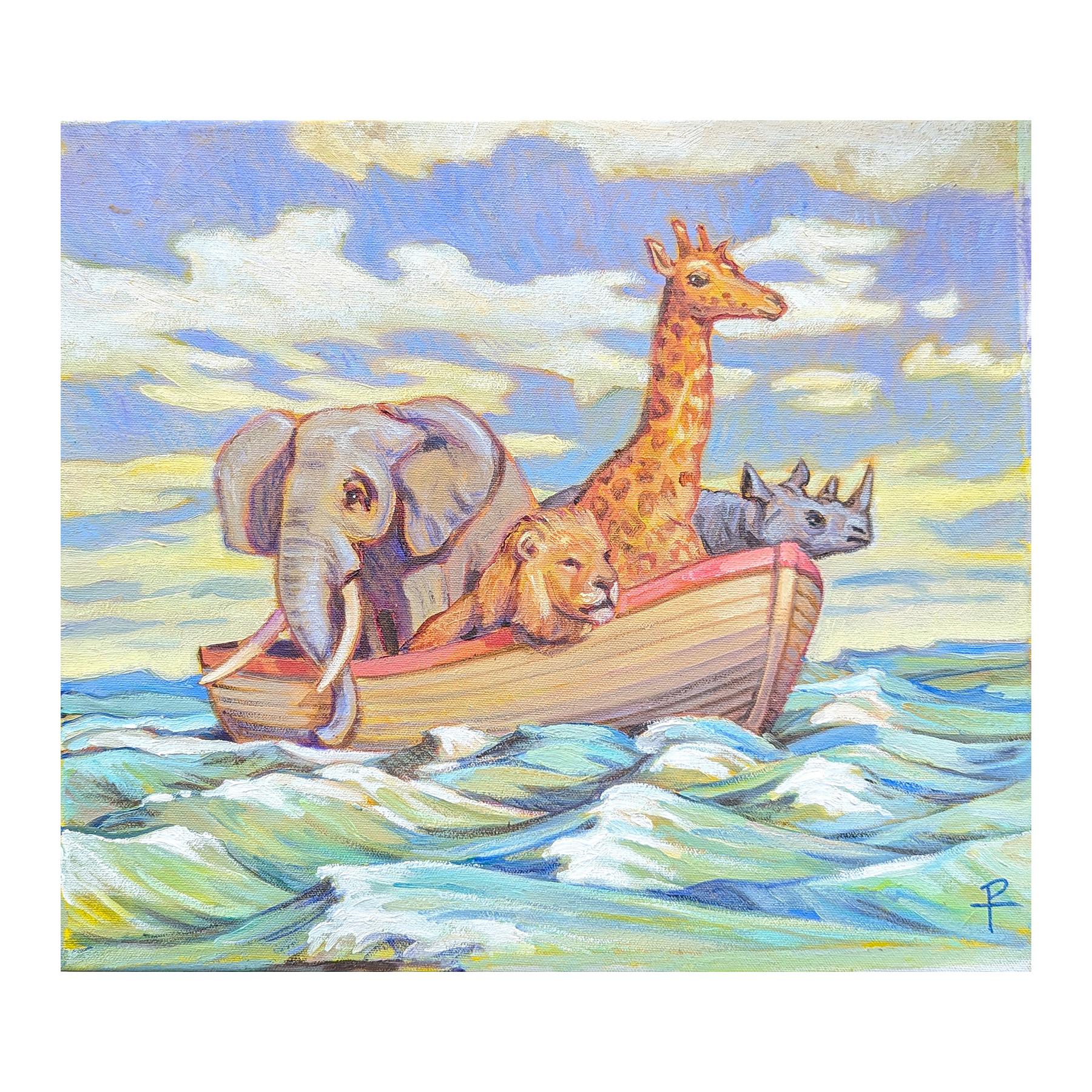 Buntes, pastellfarbenes Gemälde des zeitgenössischen Künstlers Henry David Potwin. Das Werk zeigt einen Elefanten, eine Giraffe, einen Löwen und ein Nashorn auf einem kleinen Boot auf dem Meer, das an die Arche Noah erinnert. Signiert in der rechten