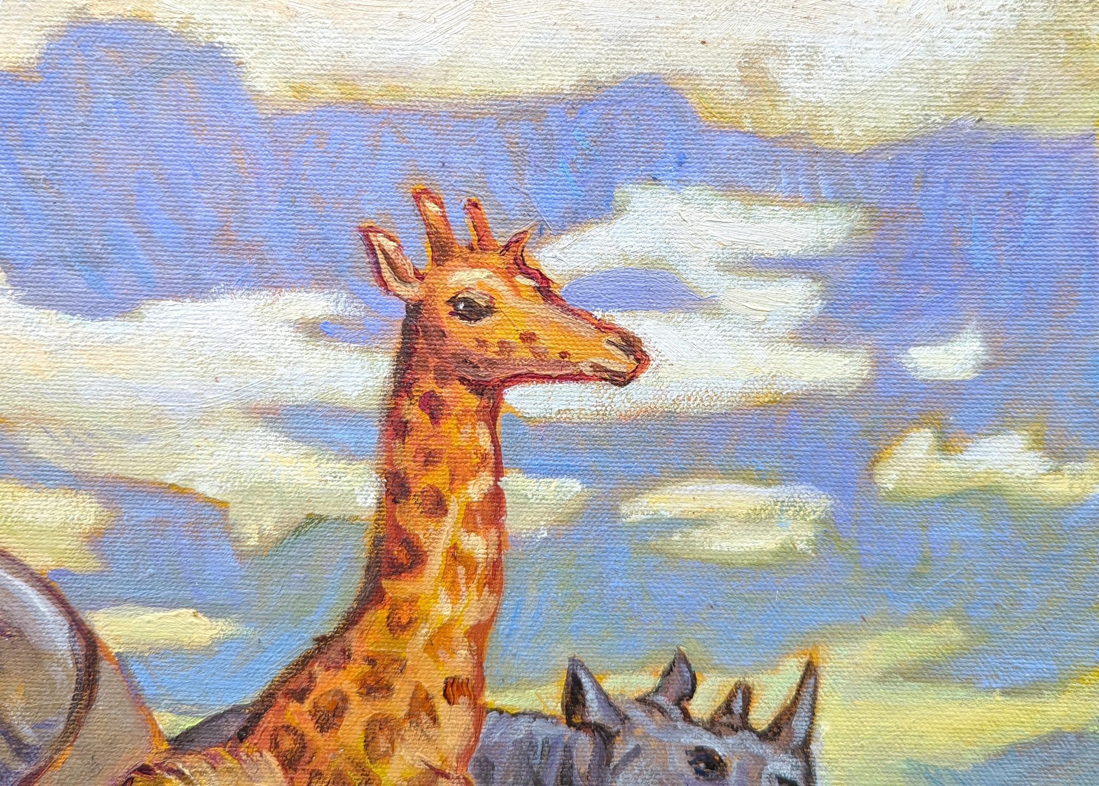 Peinture colorée aux tons pastel de l'artiste contemporain Henry David Potwin. L'œuvre représente un éléphant, une girafe, un lion et un rhinocéros sur un petit bateau en mer, rappelant l'arche de Noé. Signé dans le coin inférieur droit du recto.
