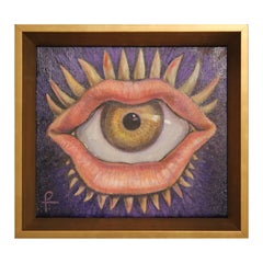 “Mark of the Gossip” Contemporary Surrealist Abstract Eyeball and Lips Painting